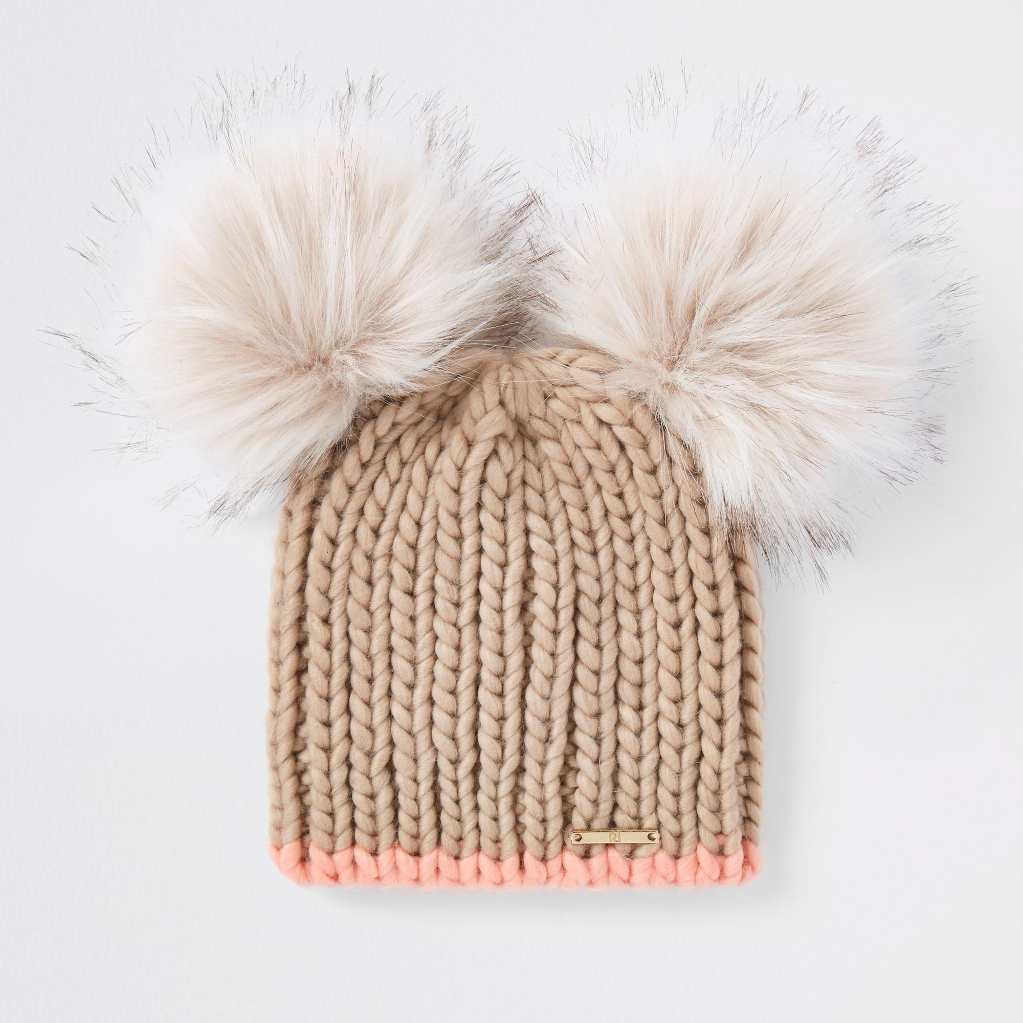 River Island Beige Faux Fur Double Pom Pom Beanie Hat in Natural - Lyst