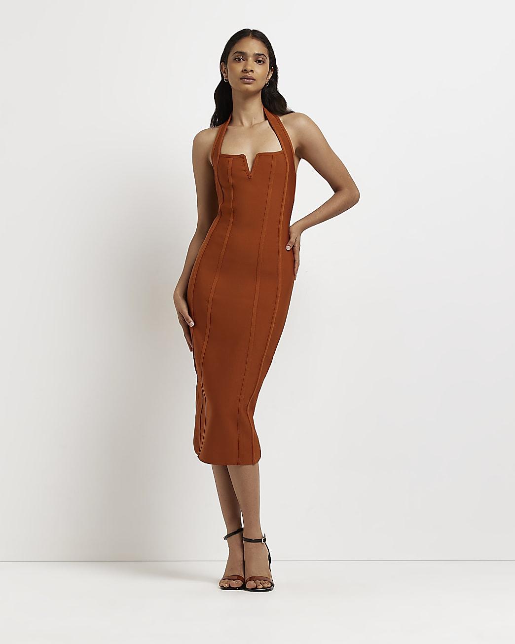 River Island Rust Halter Neck Midi Bodycon Dress in Brown Lyst