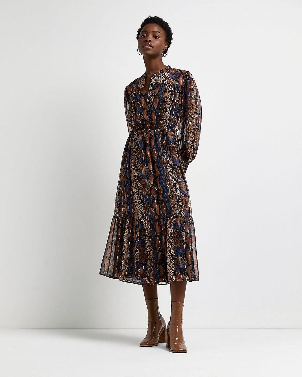 River Island Brown Snake Print Midi Shirt Dress | Lyst