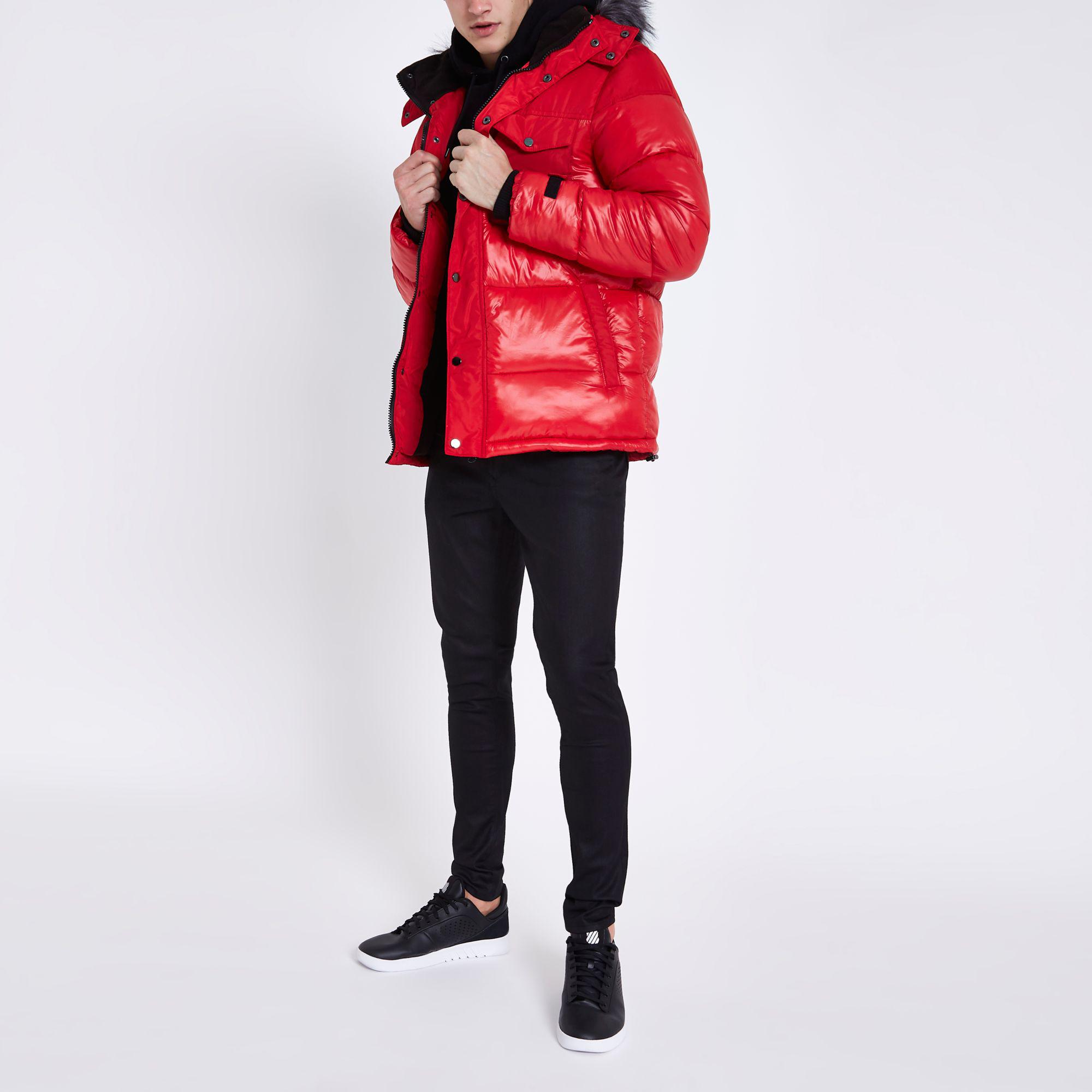 River Island Synthetic Red Faux Fur Trim Hooded Long Puffer Jacket for