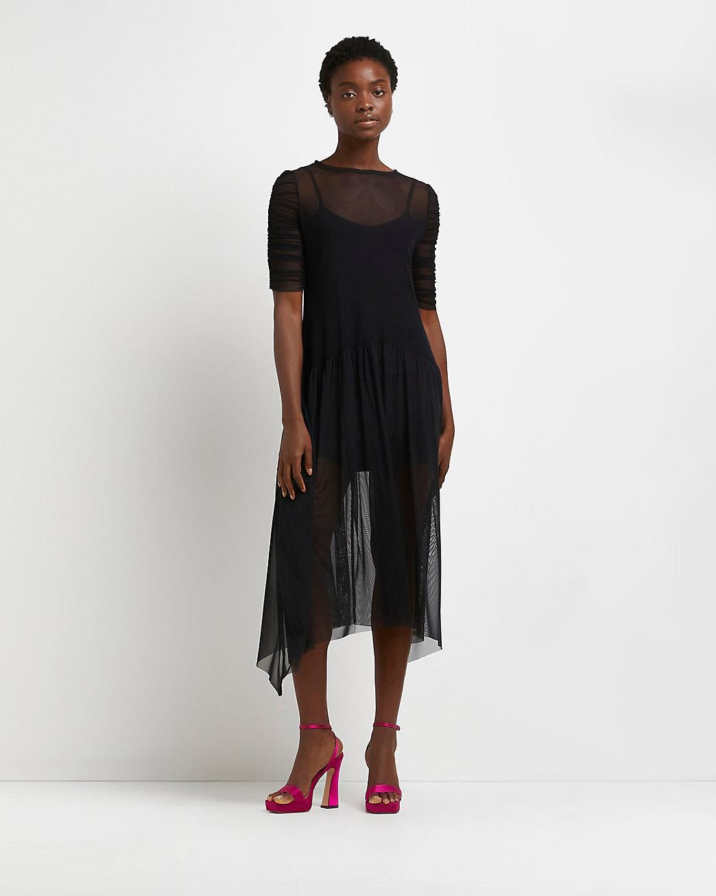 River Island Black Mesh Drop Waist Midi 