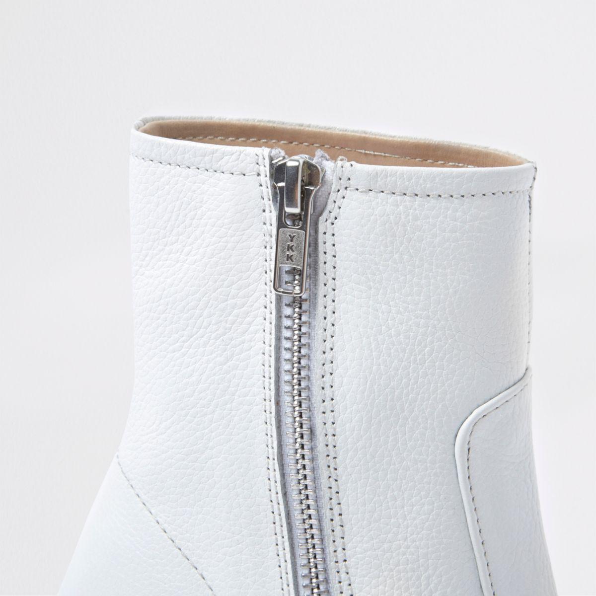 White Leather Block Heel Ankle Boots 