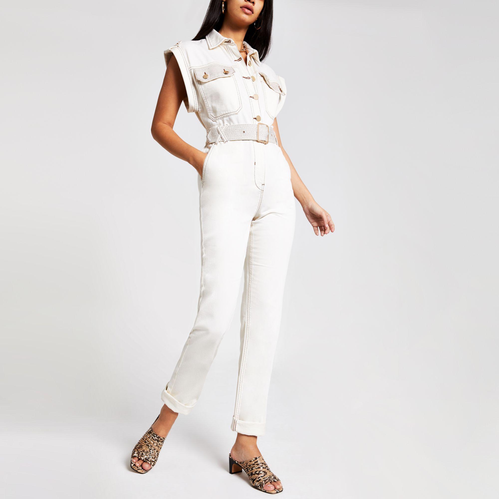 cream denim jumpsuit