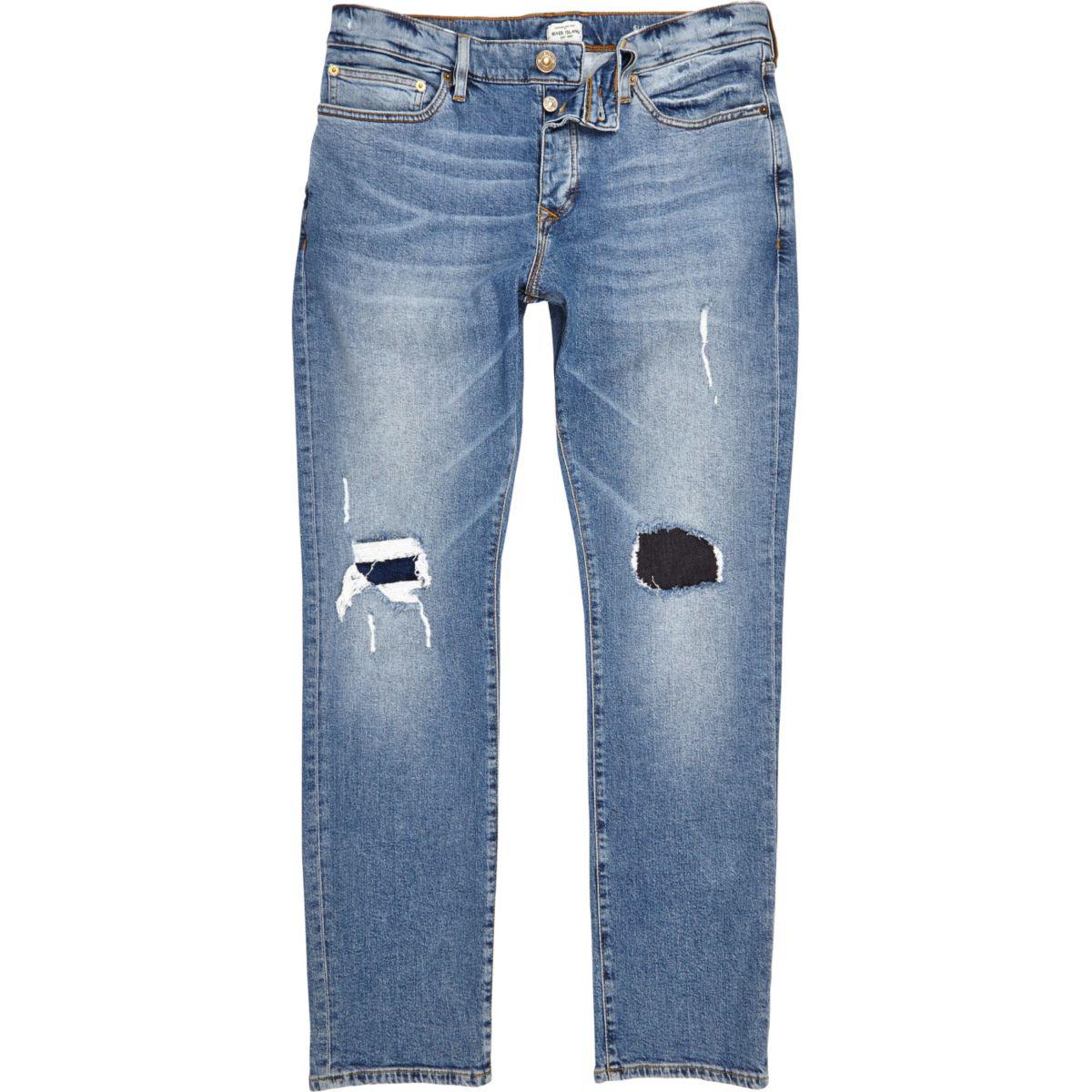 Lyst - River Island Mid Blue Wash Ripped Dylan Slim Jeans in Blue for Men