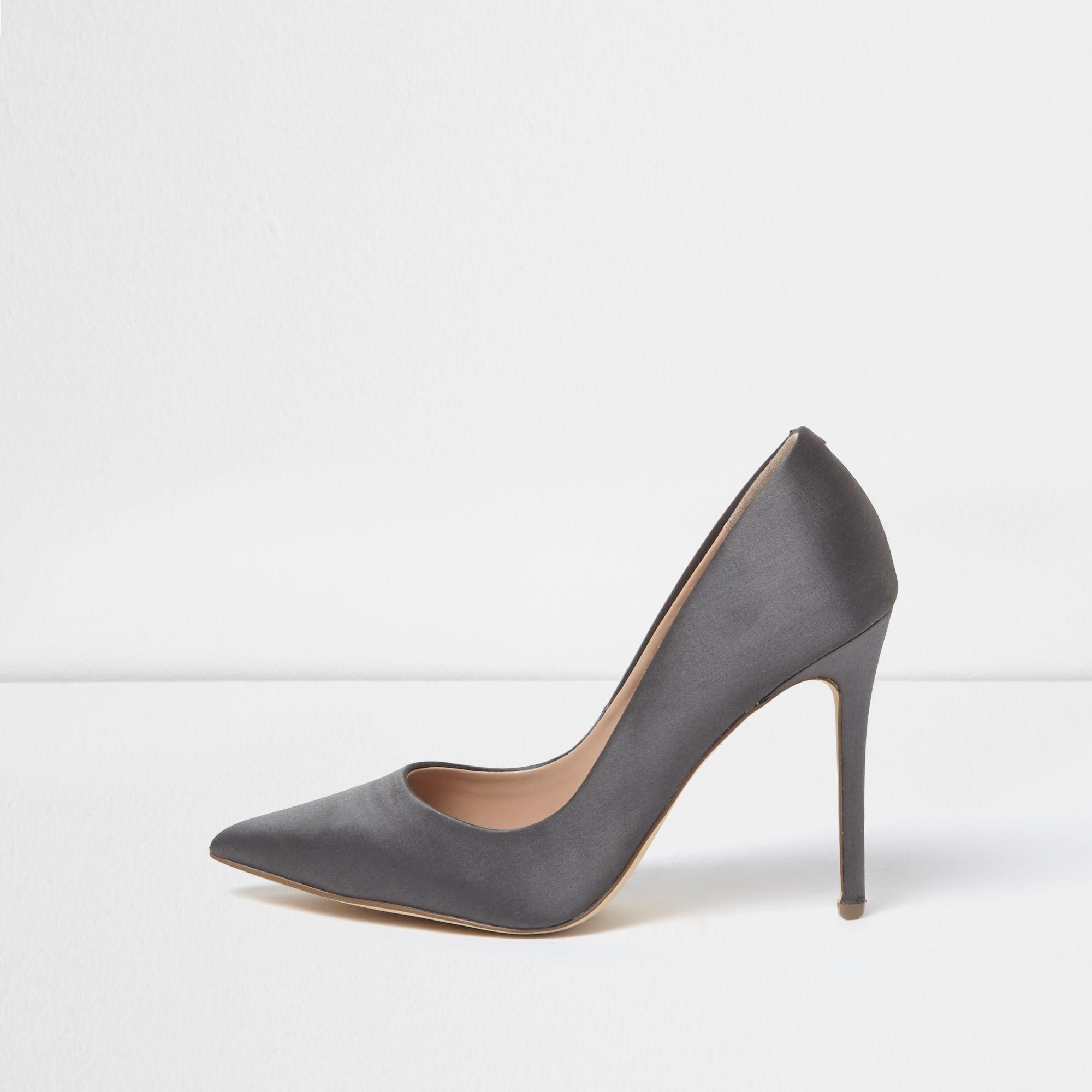 grey satin court shoes
