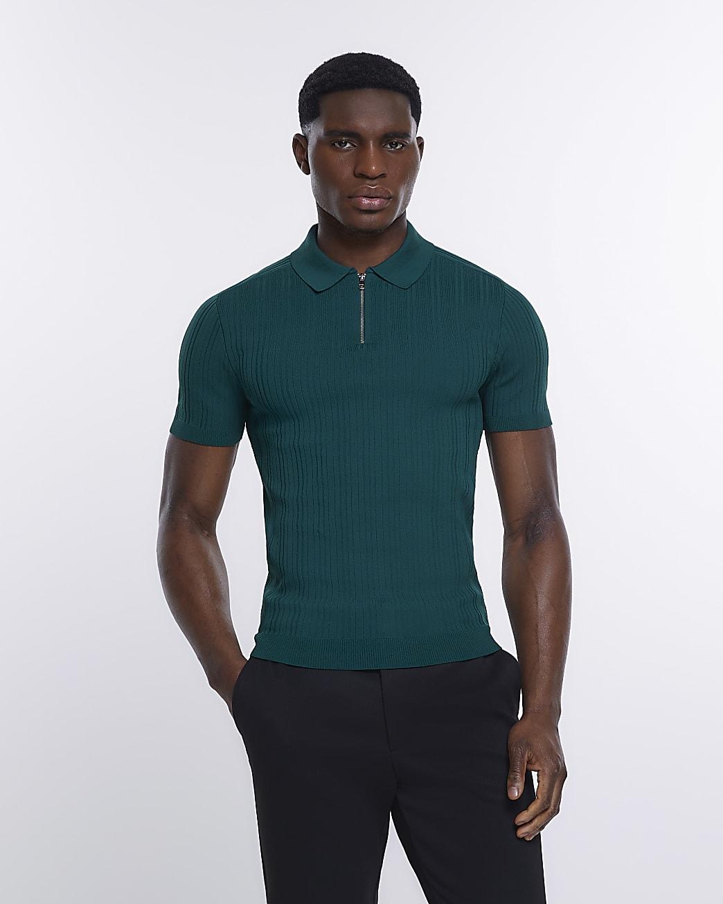 River Island Green Muscle Fit Ribbed Polo Shirt for Men | Lyst