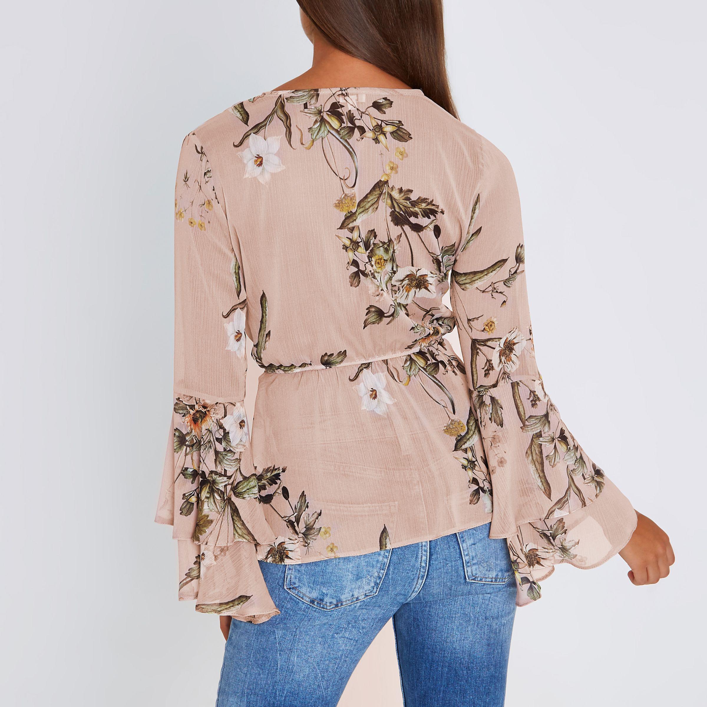 River Island Synthetic Pink Floral Wrap Frill Sleeve