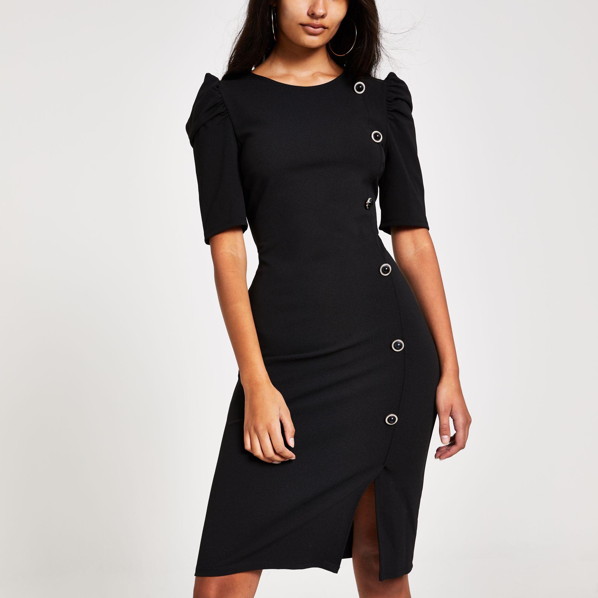 river island black button dress