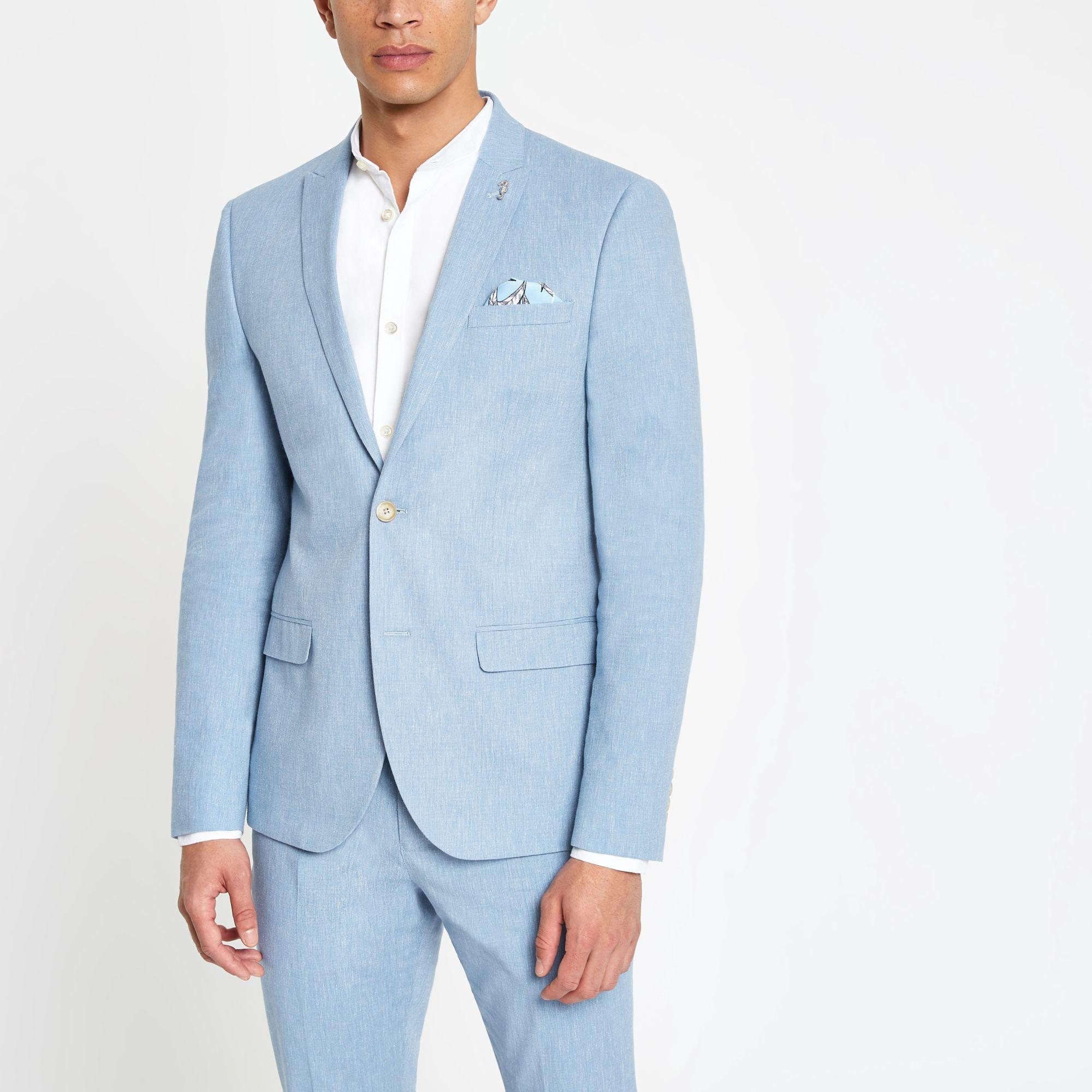 River Island Light Blue Skinny Fit Suit Jacket With Linen Light Blue