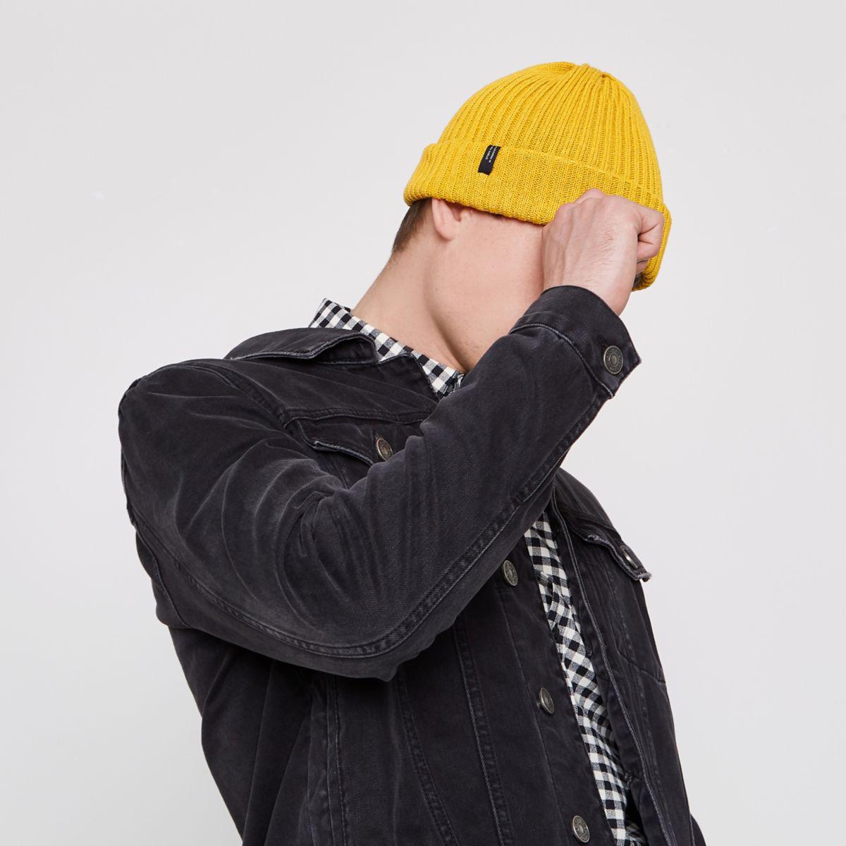 River Island Cotton Mustard Ribbed Knit Beanie Hat Mustard Ribbed Knit
