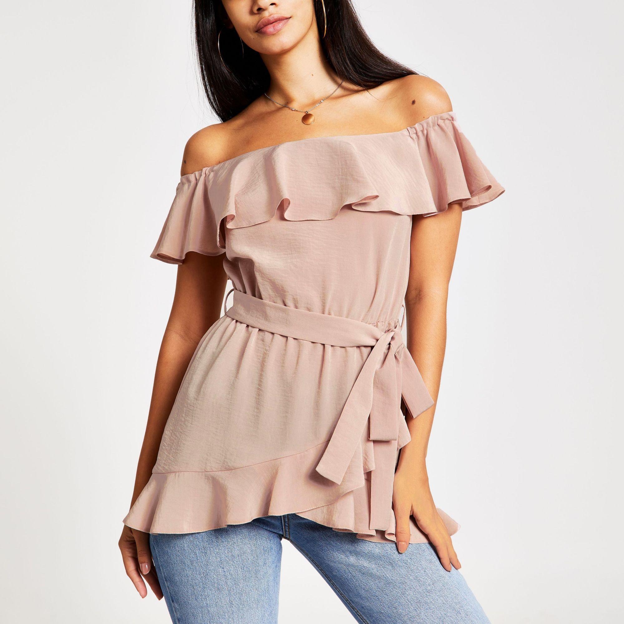 River Island Synthetic Pink Frill Bardot Top Lyst