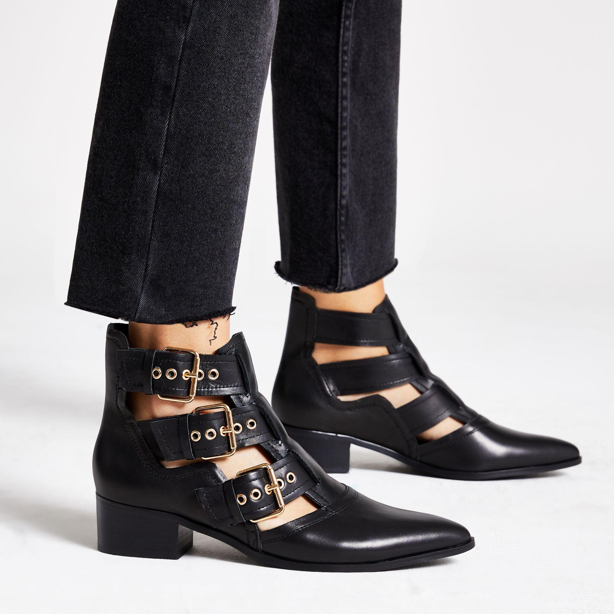 River Island Black Leather Cut Out Buckle Ankle Boots | Lyst