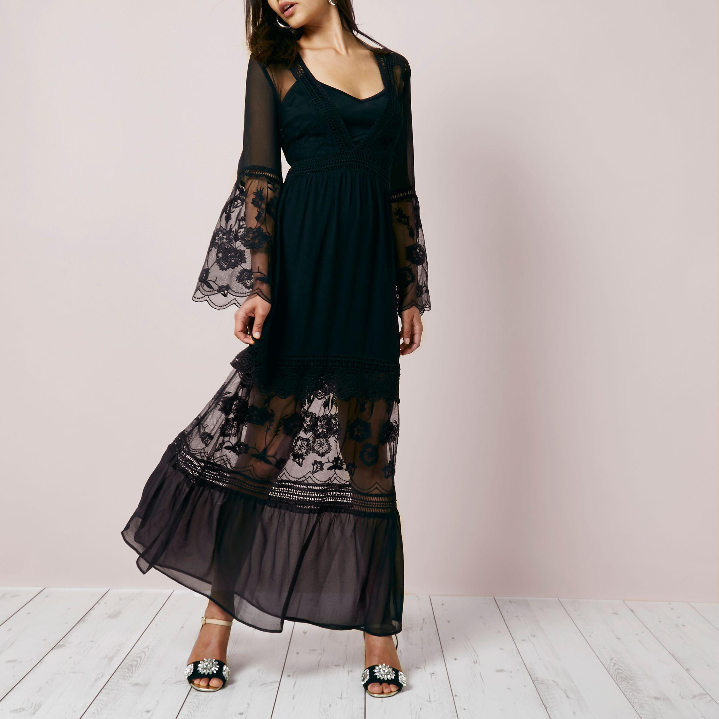 River Island Lace Bell Sleeve Maxi Dress in Black | Lyst