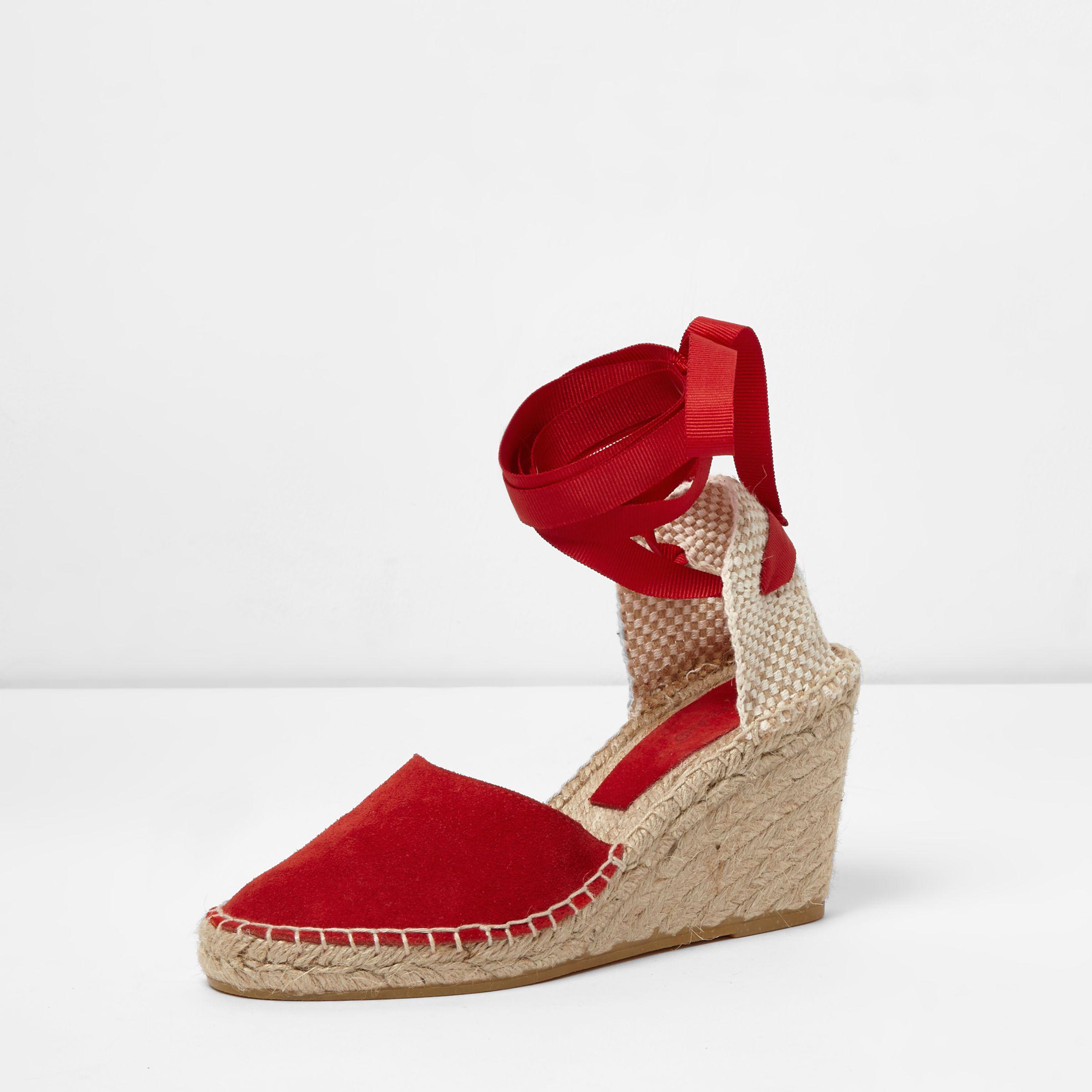 River Island Red Suede Ankle Tie Espadrille Wedges - Lyst
