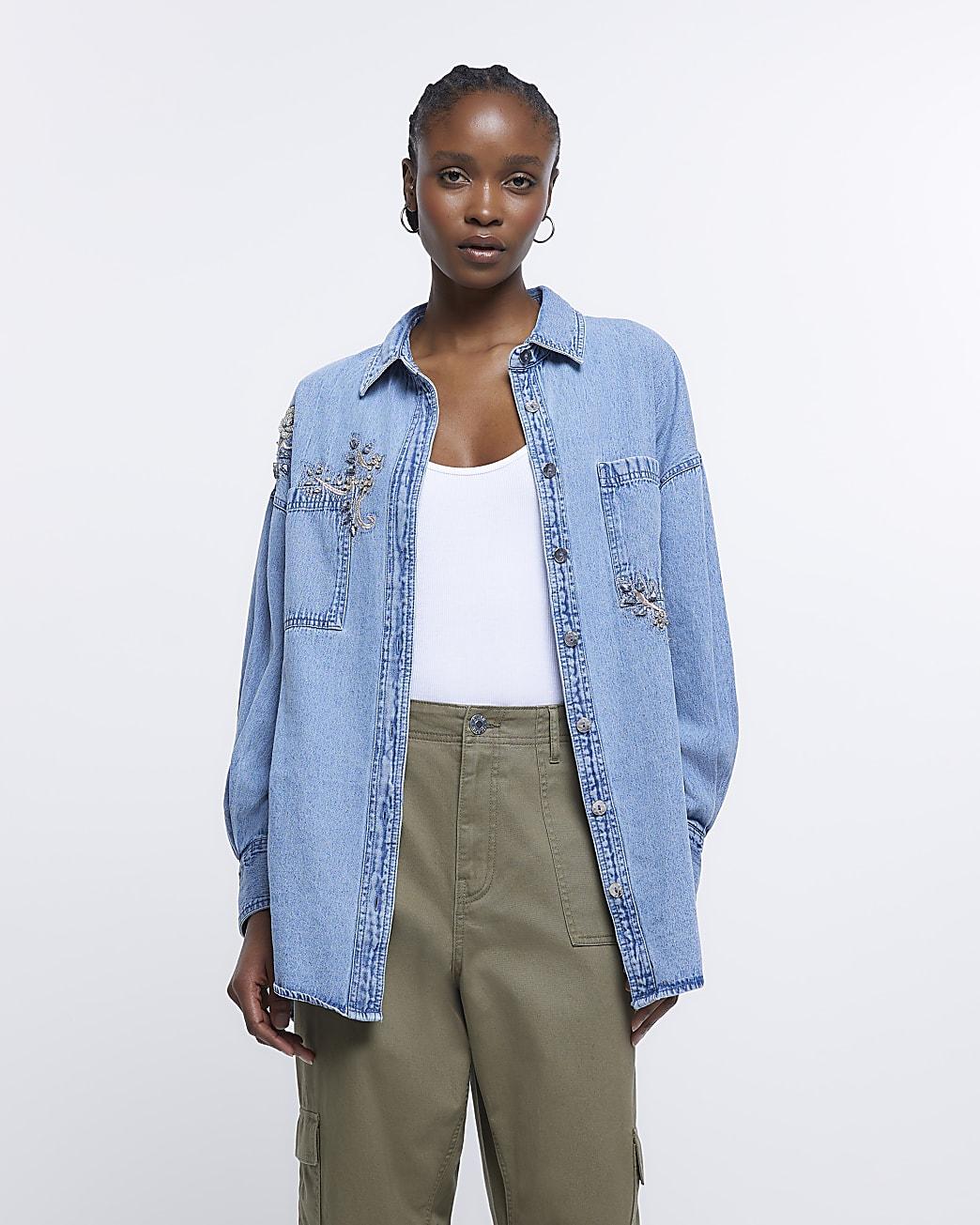 Womens denim shirt river island cheap