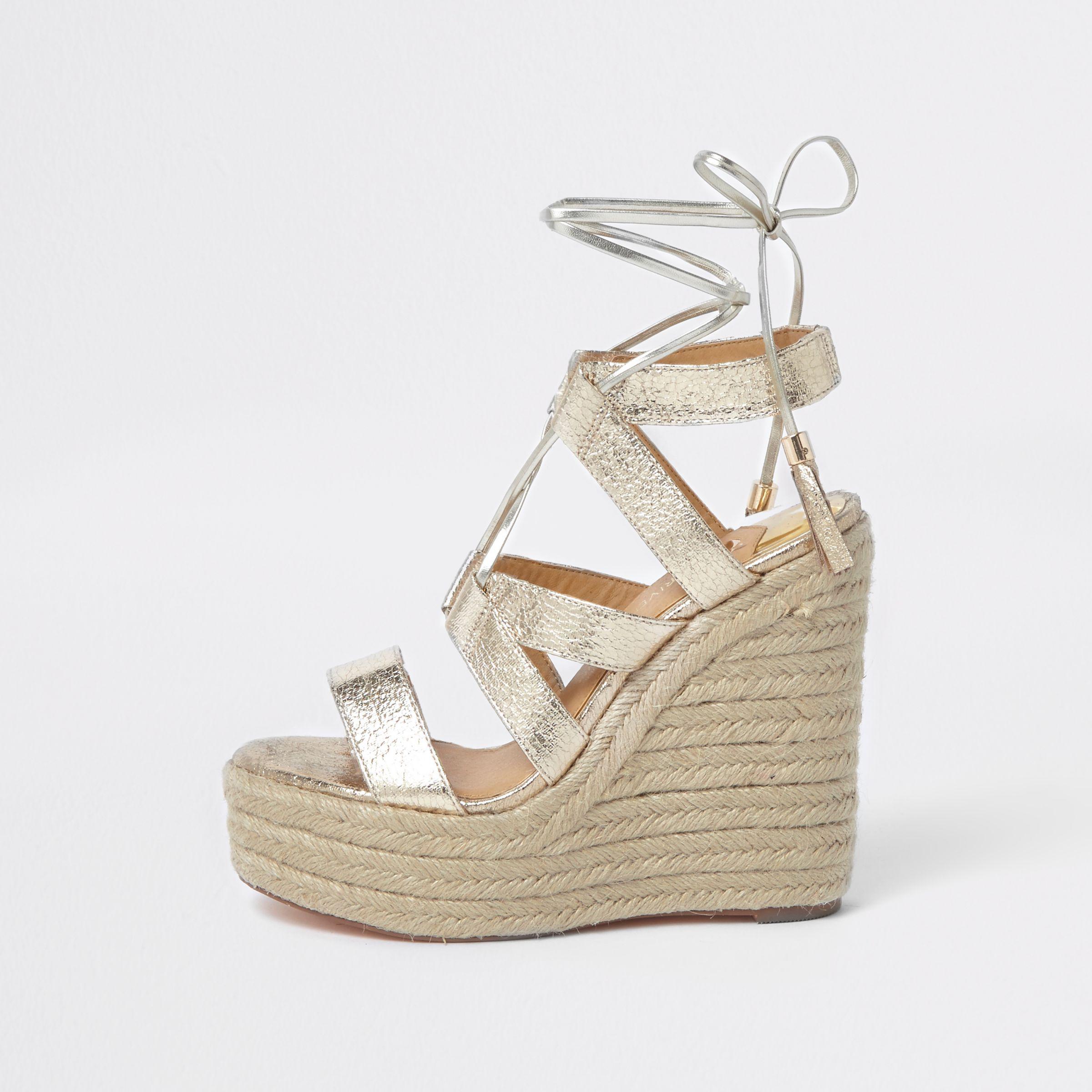River Island Gold Metallic Tie-up Espadrille Wedges in Yellow | Lyst