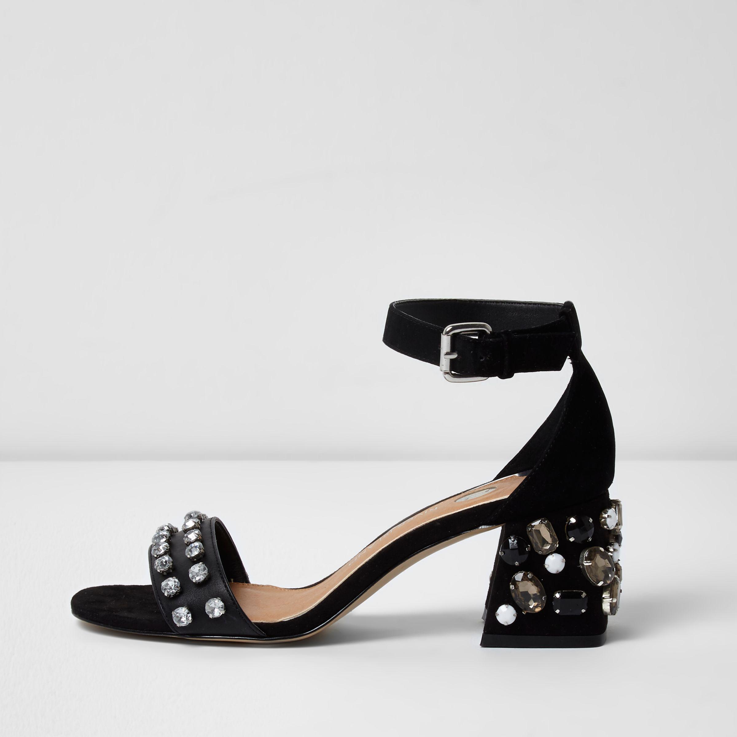 black embellished block heels