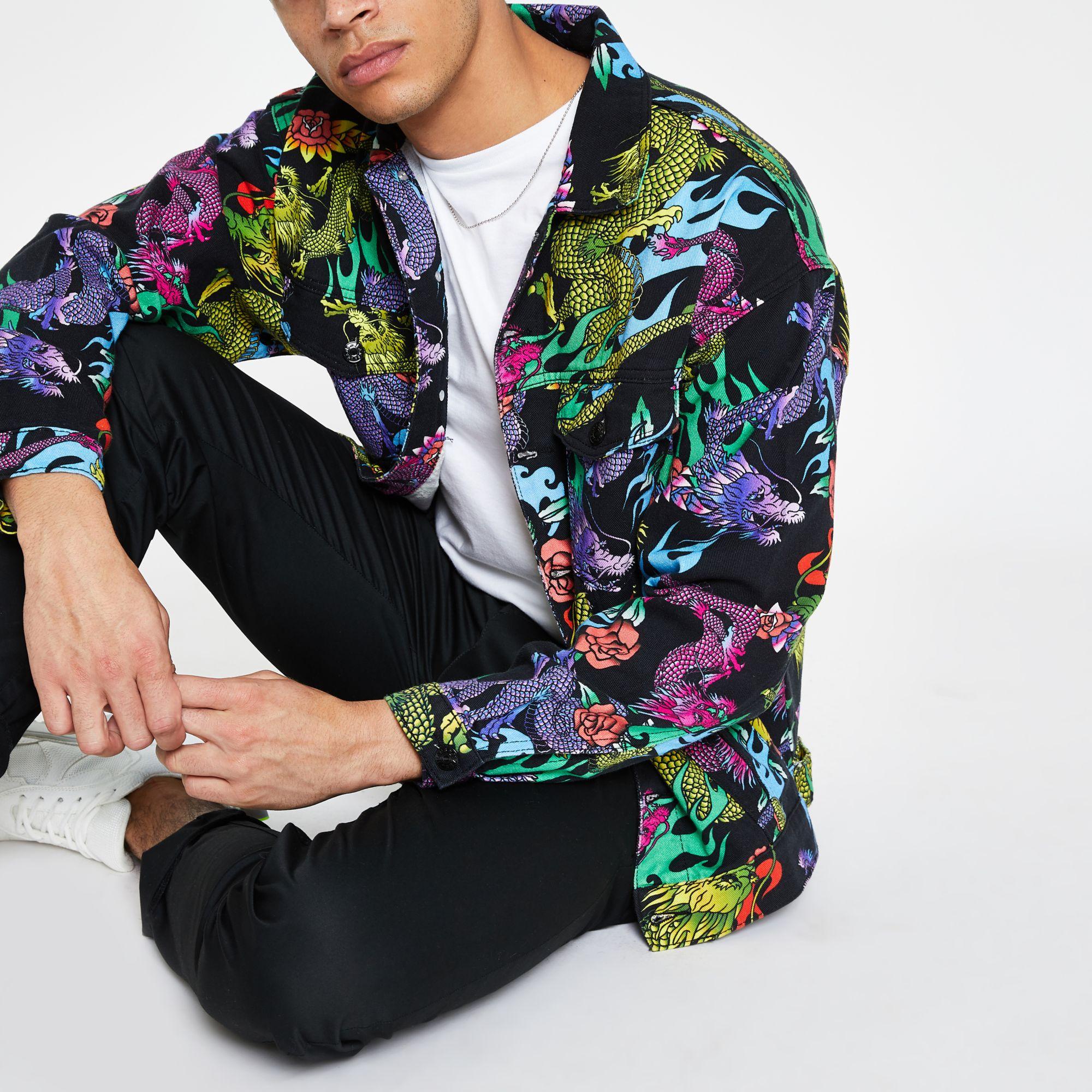 Dragon Print Denim Jacket for Men 