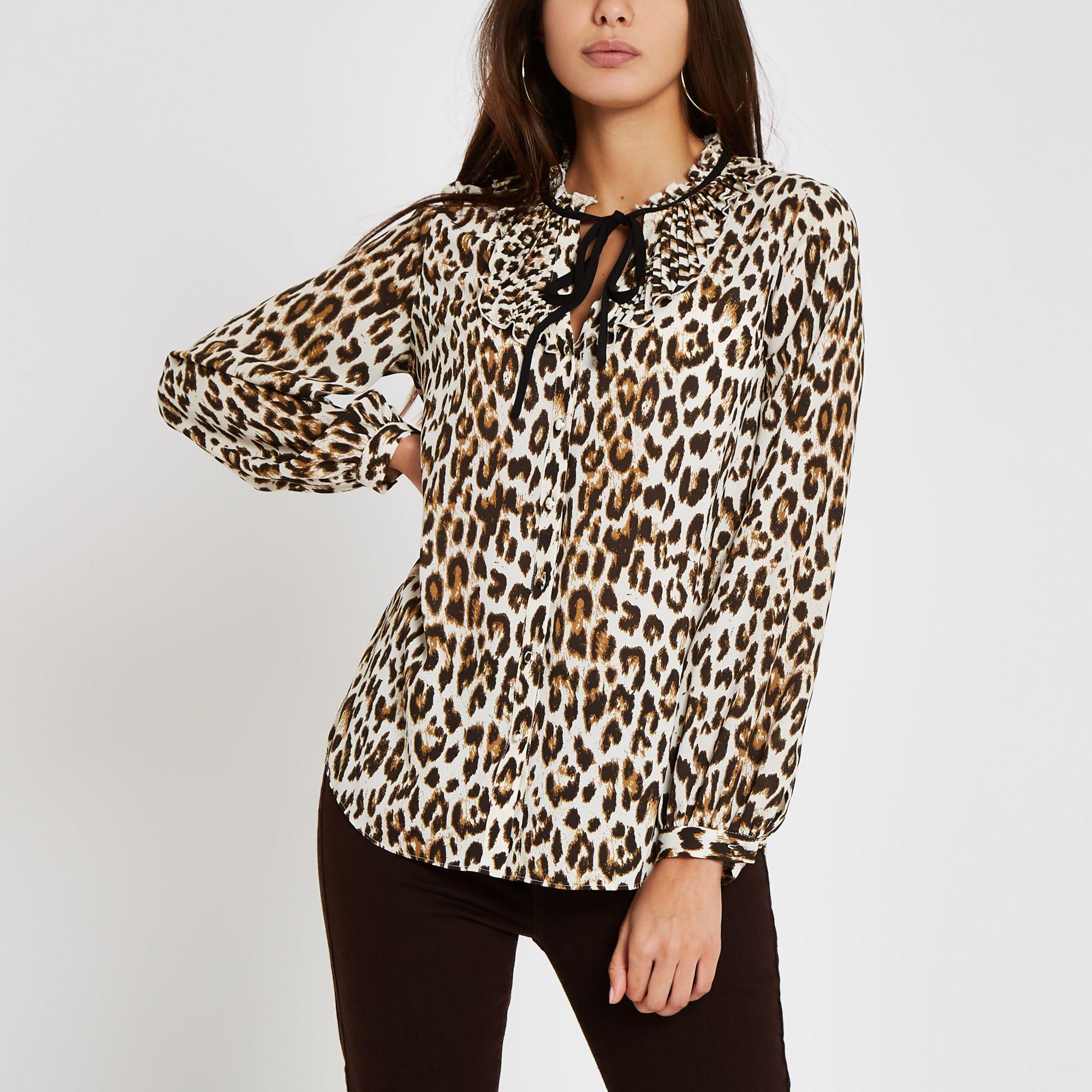 Brown Leopard Print Tie Neck Blouse 