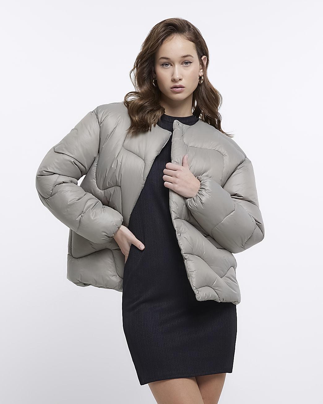 River Island Khaki Quilted Puffer Jacket in Gray Lyst