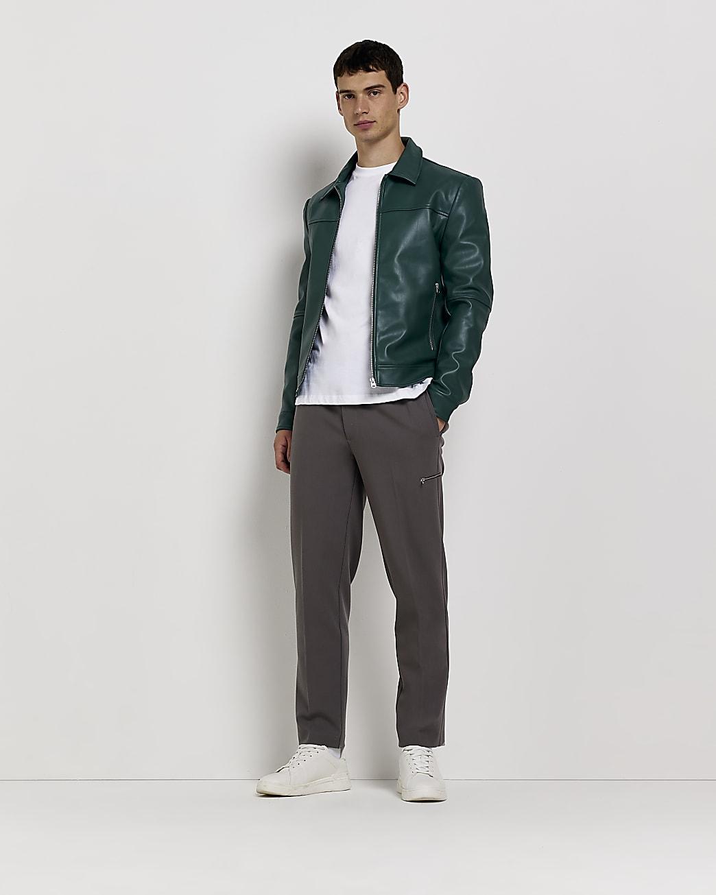 River Island Green Faux Leather Harrington Jacket for Men Lyst