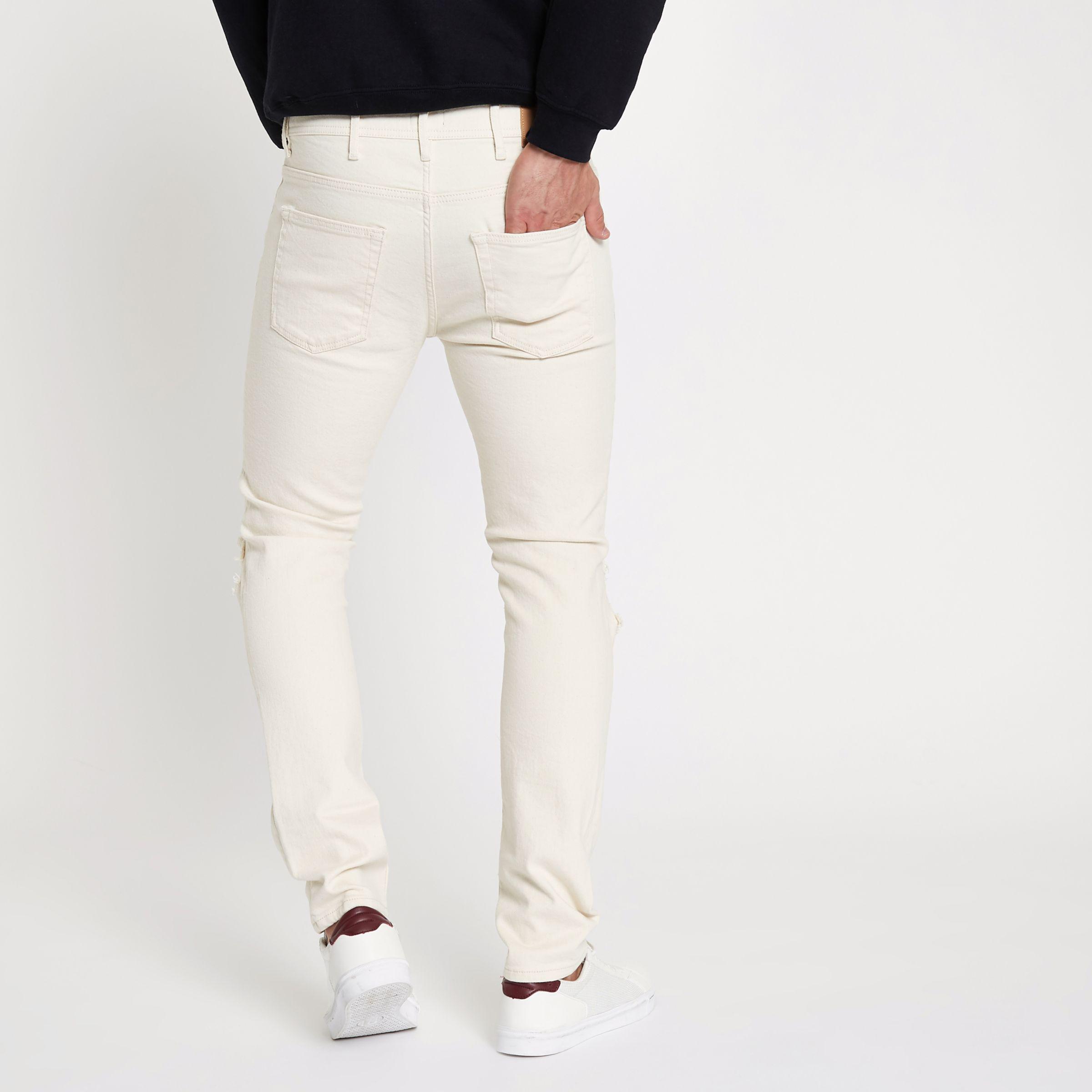 River Island Cream Sid Ripped Skinny Jeans in Natural for Men | Lyst