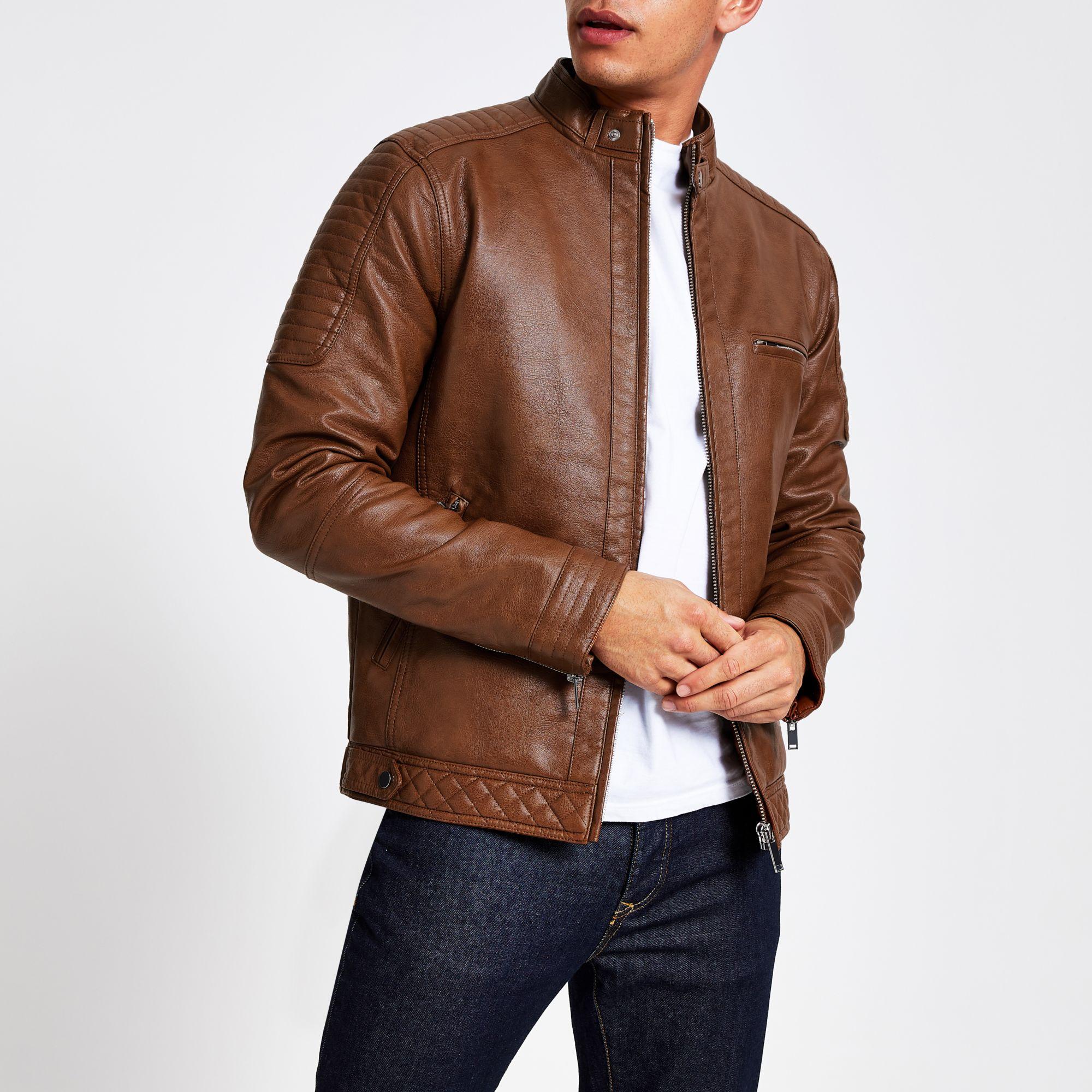 River Island Tan Faux Leather Racer Jacket in Brown for Men - Lyst