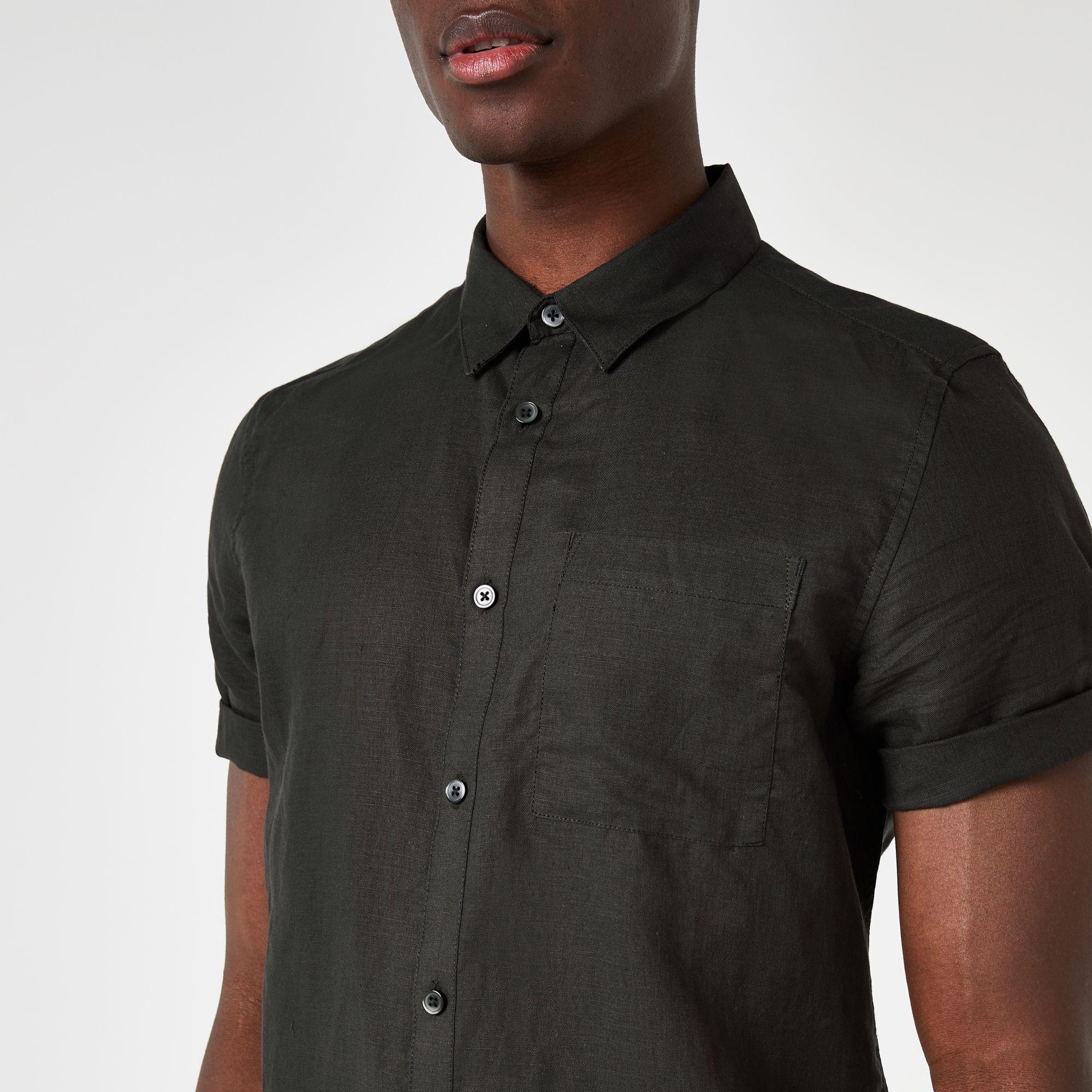 River Island Linen Slim Fit Short Sleeve Shirt in Black for Men Lyst
