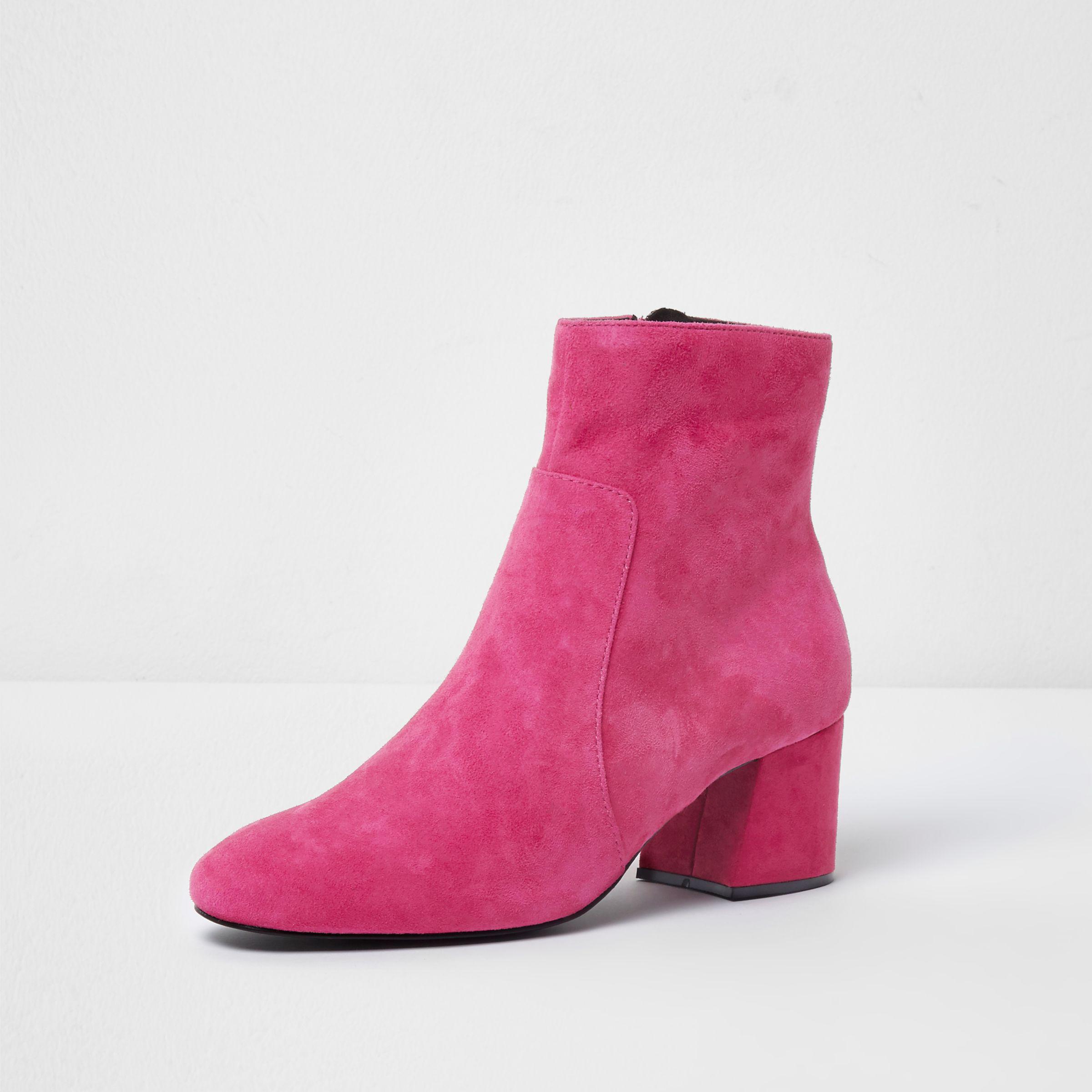 River Island Pink Block Heel Suede Ankle Boots | Lyst