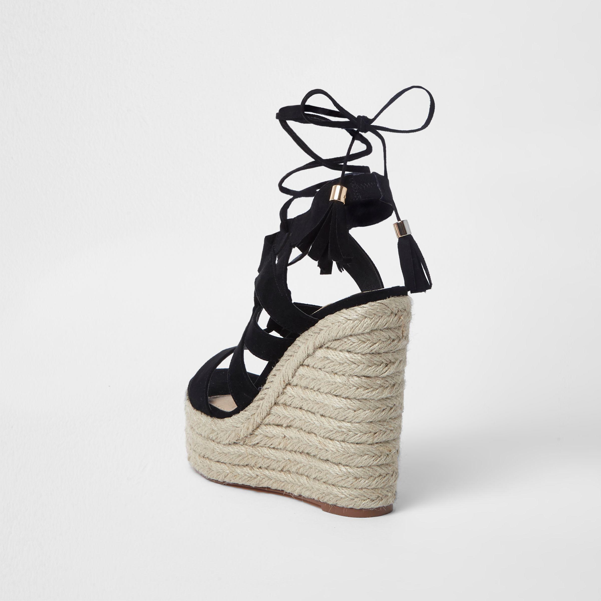 River Island Suede Lace-up Espadrille Wedges Sandals in Black - Lyst