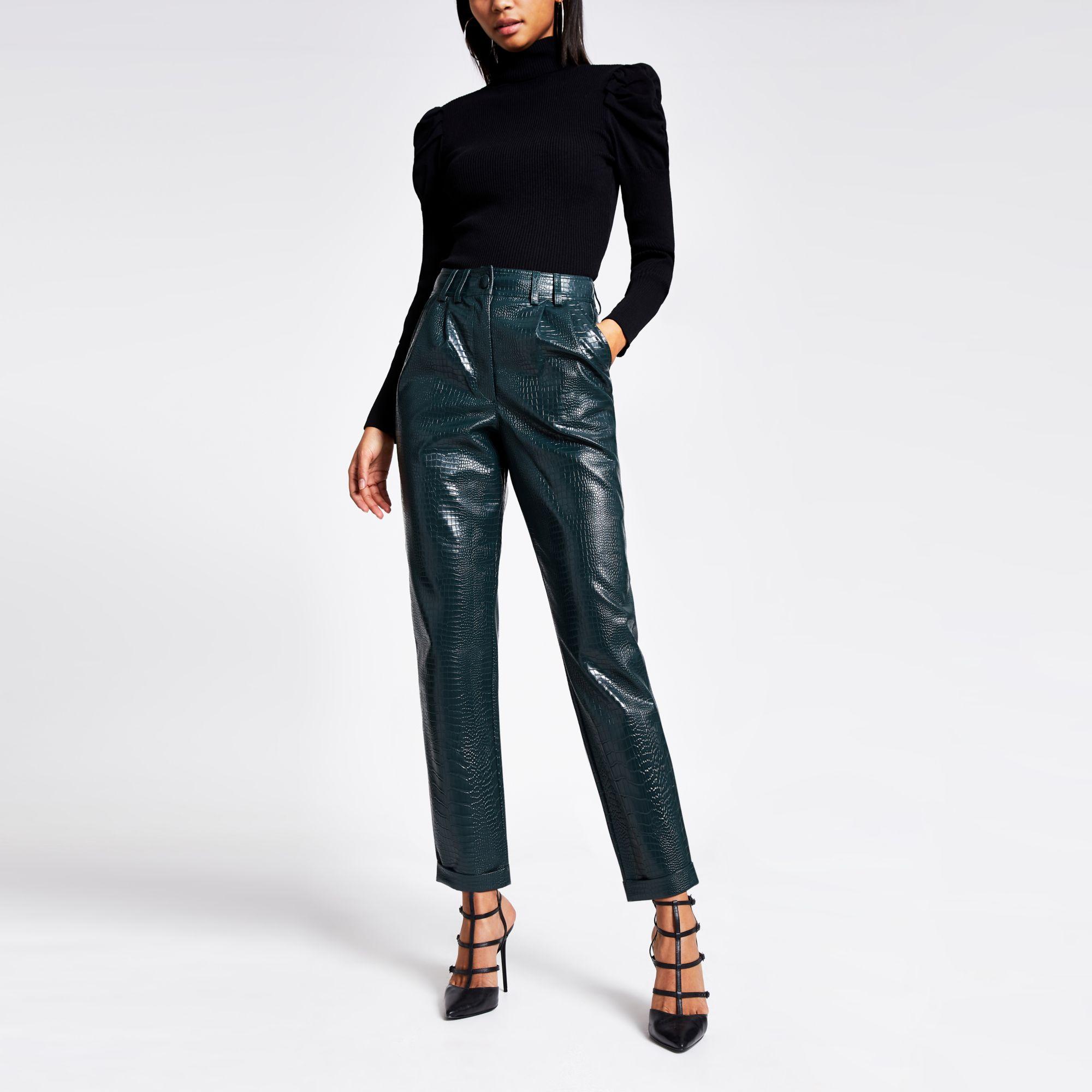 River Island Green Faux Leather Croc Embossed Trousers | Lyst