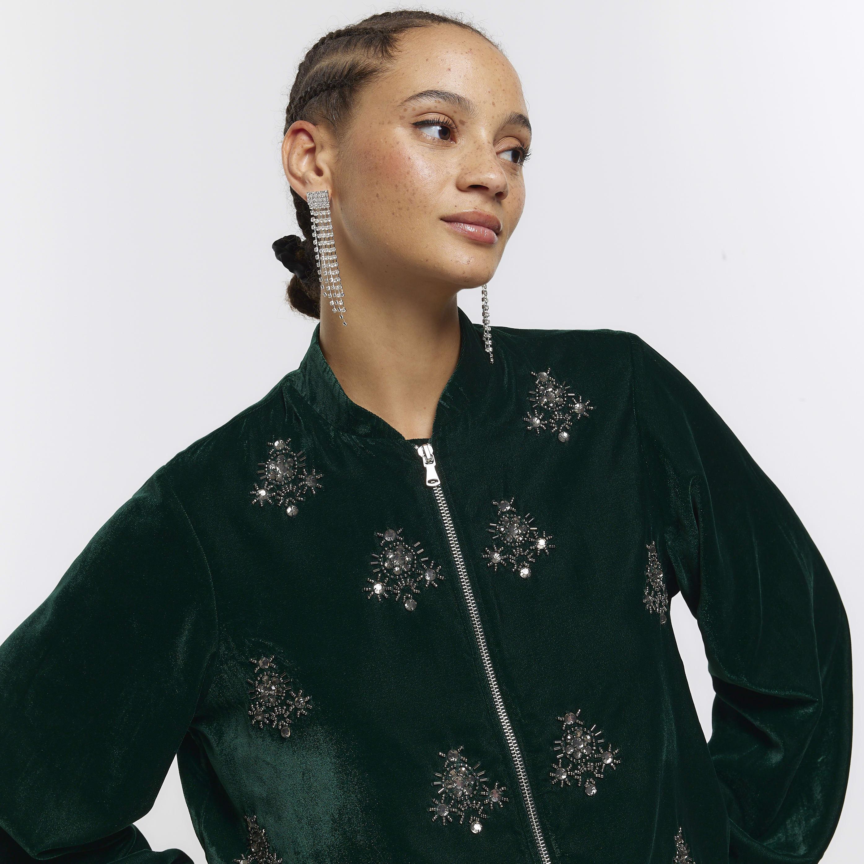 River Island Green Embellished Velvet Bomber Jacket Lyst UK