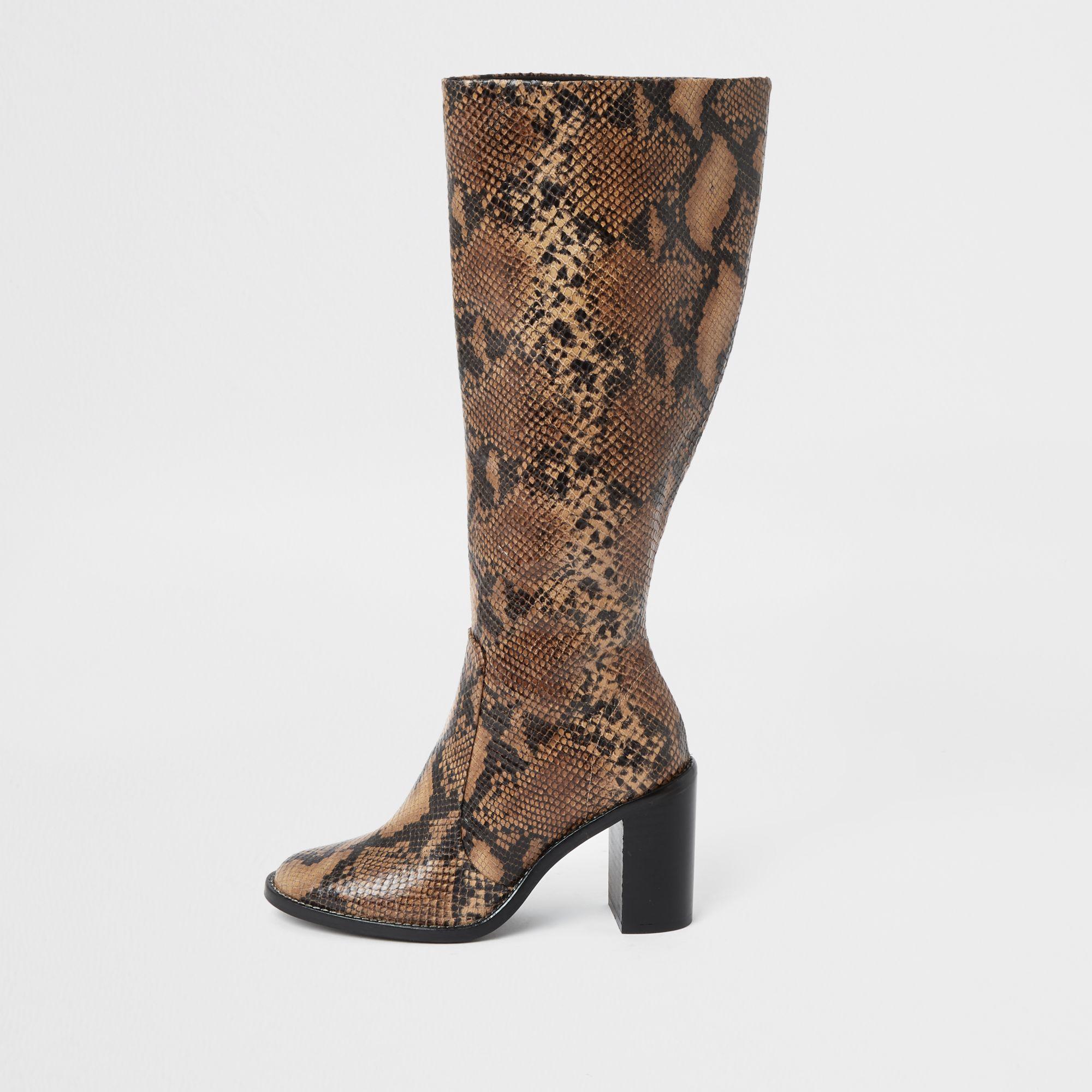 River Island Leather Snake Print Knee High Boots in Brown - Lyst