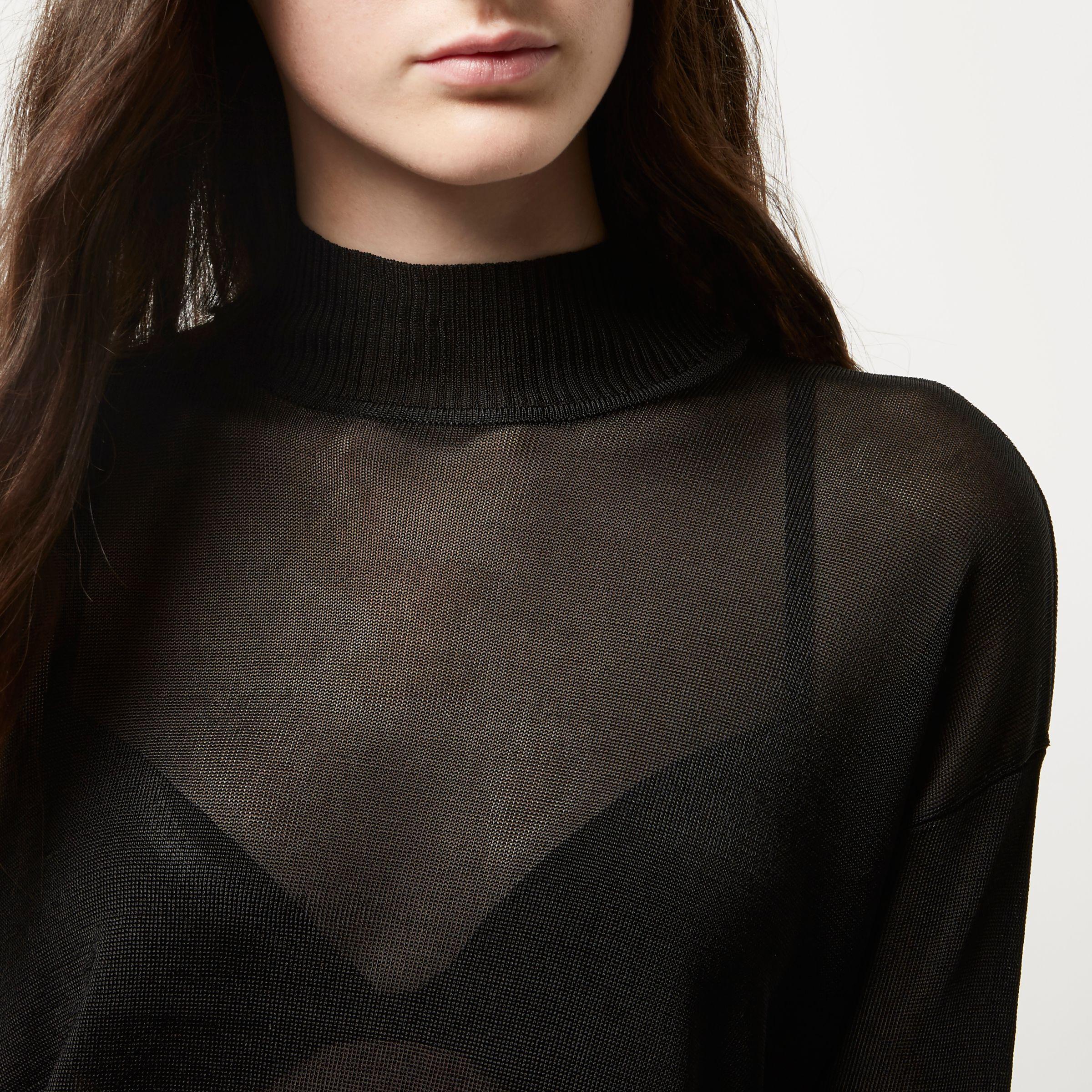 River Island Synthetic Black Sheer Knit Turtleneck Top - Lyst