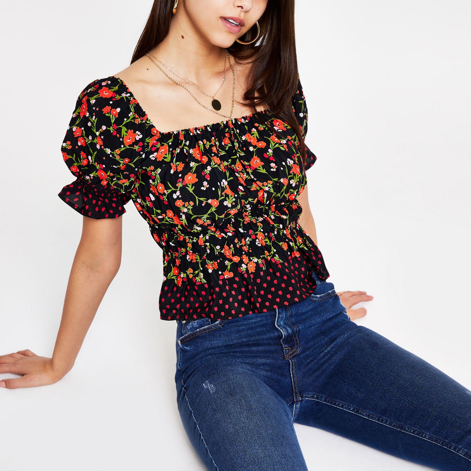 urban bliss black floral puff sleeve top