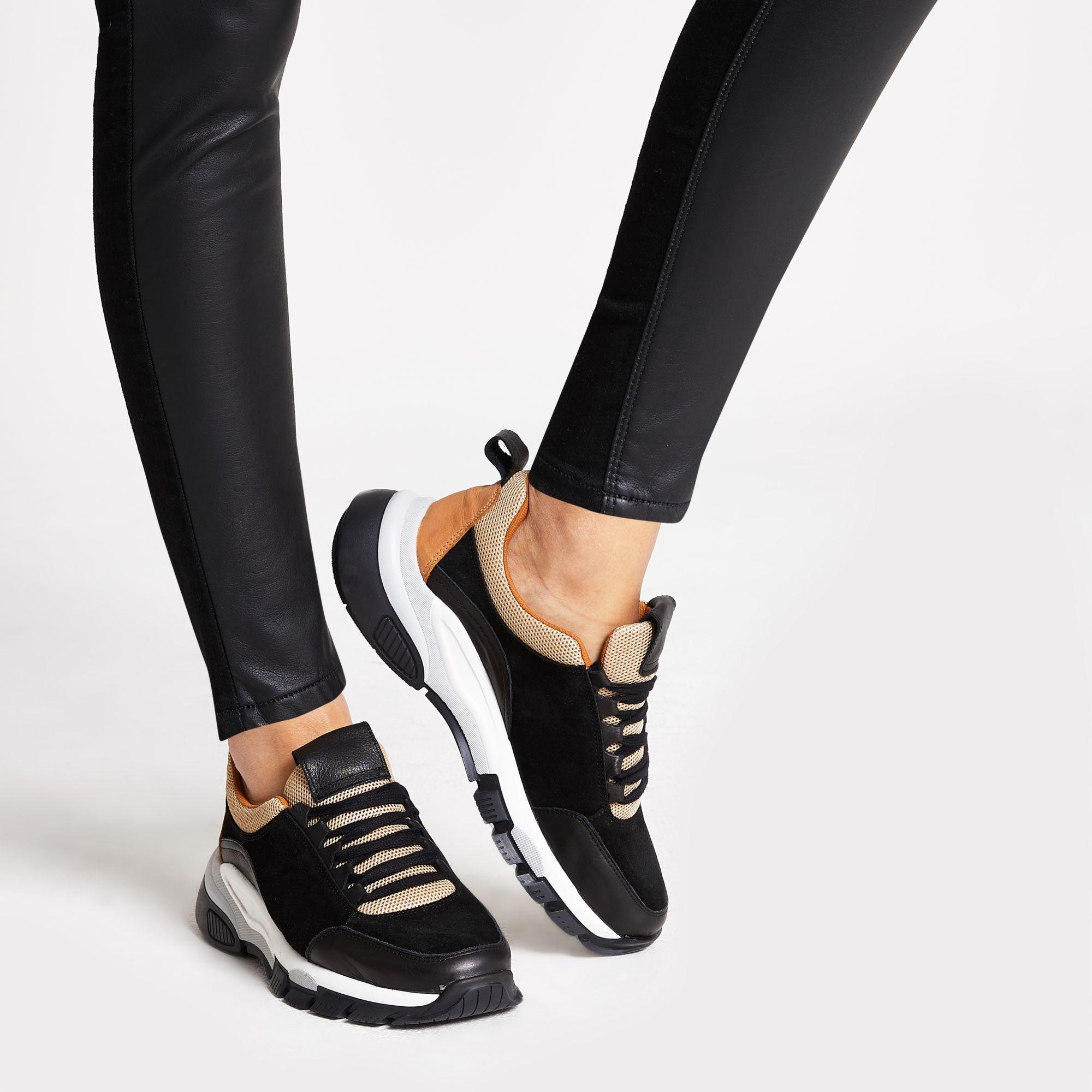 River Island Black Leather Chunky Lace-up Runner Trainers - Lyst