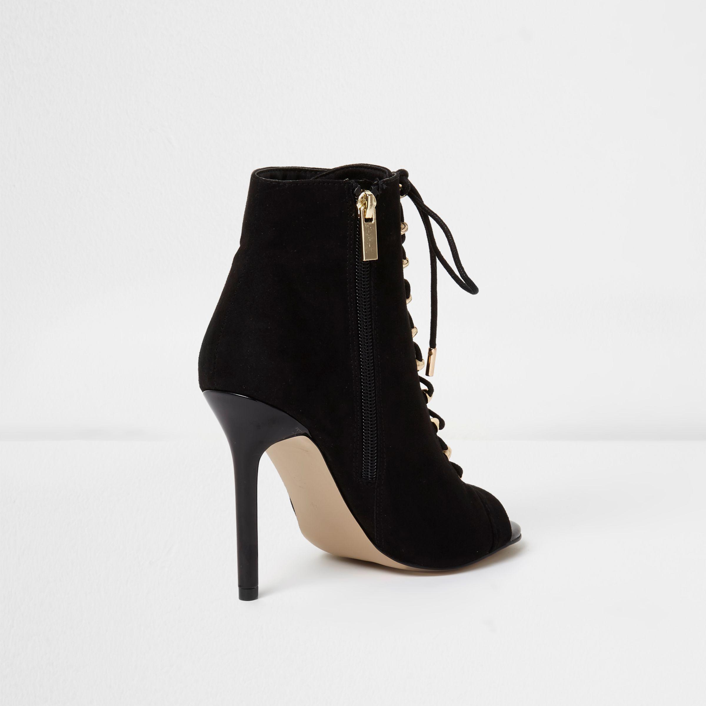River Island Black Open Toe Lace-up Heeled Boots | Lyst