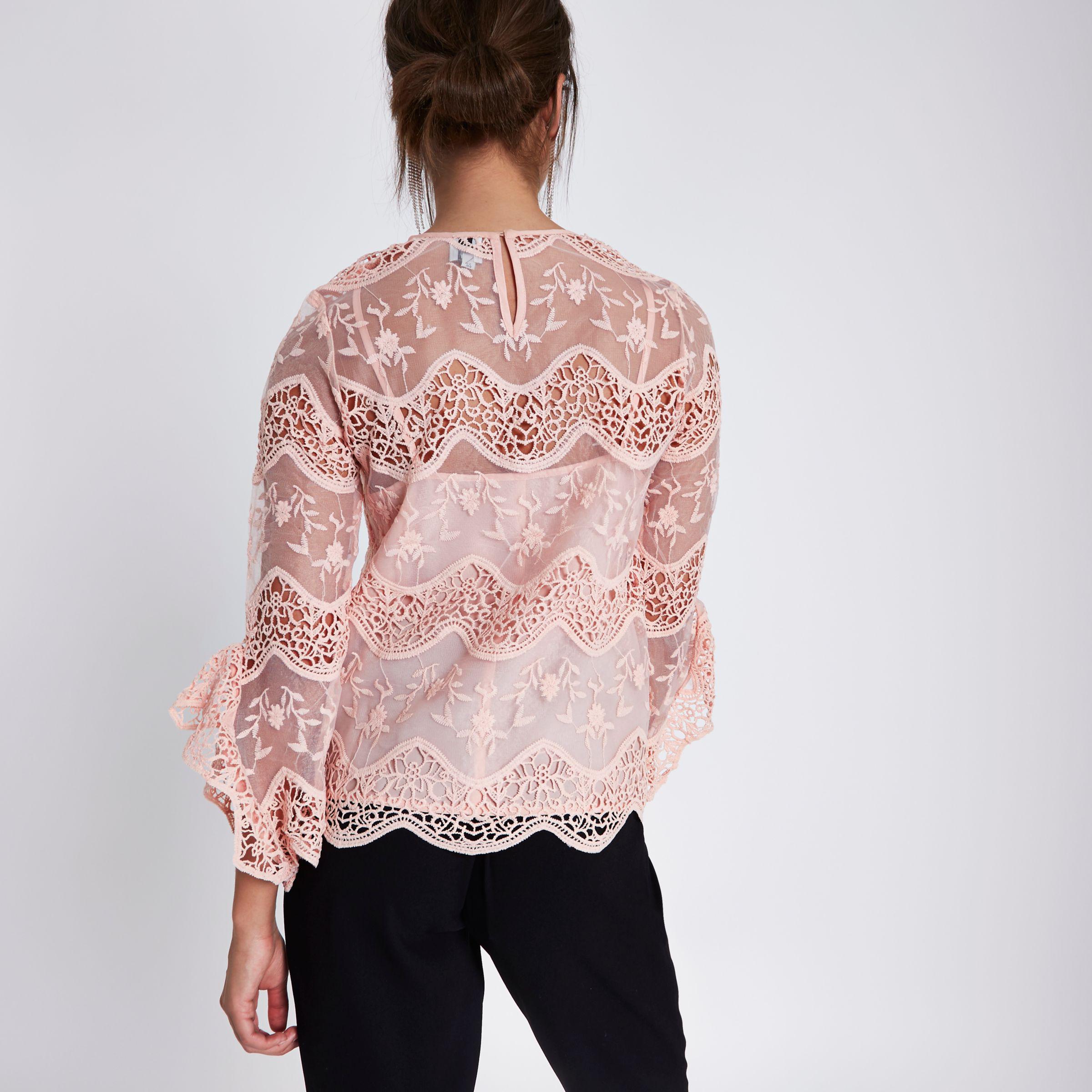River Island Light Pink Lace Long Sleeve Top - Lyst