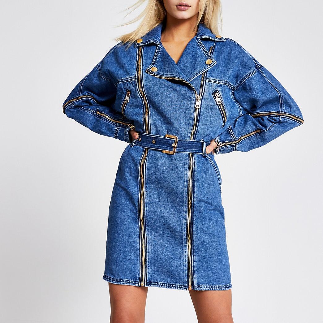 Long Sleeve Denim Biker Mini Dress | Lyst
