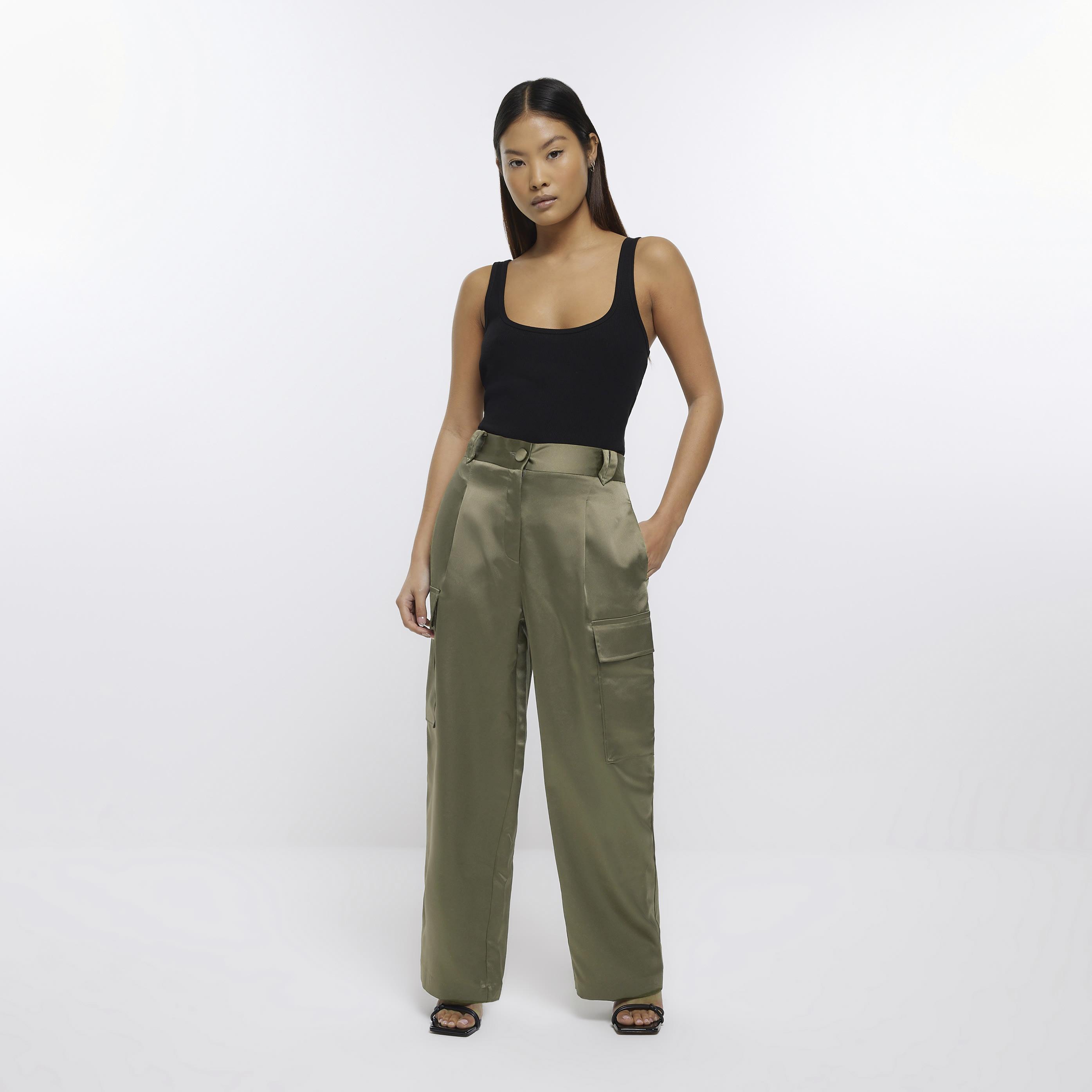River Island Petite Khaki Satin Wide Leg Cargo Trousers in Green | Lyst  Australia