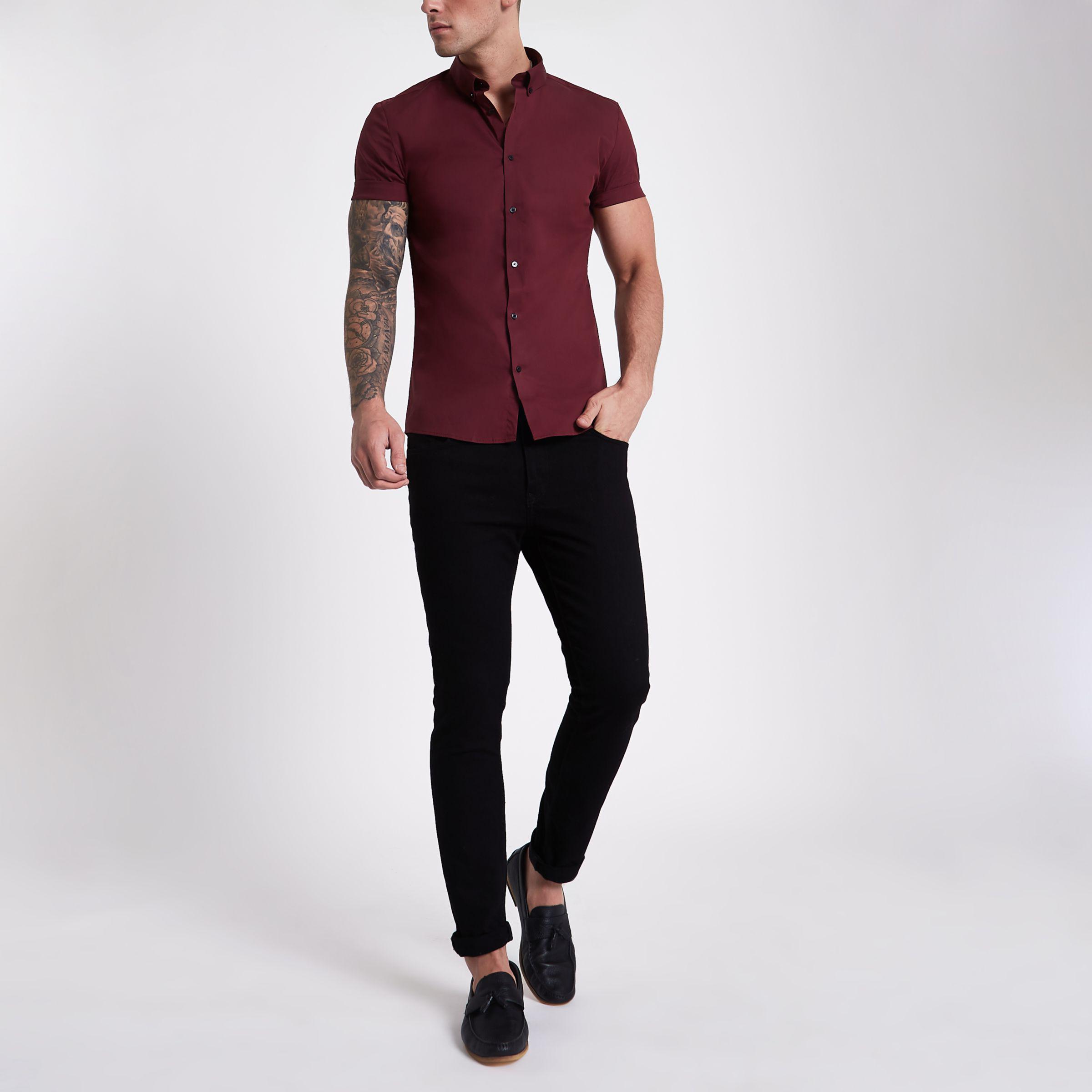 River Island Cotton Burgundy Muscle Fit 