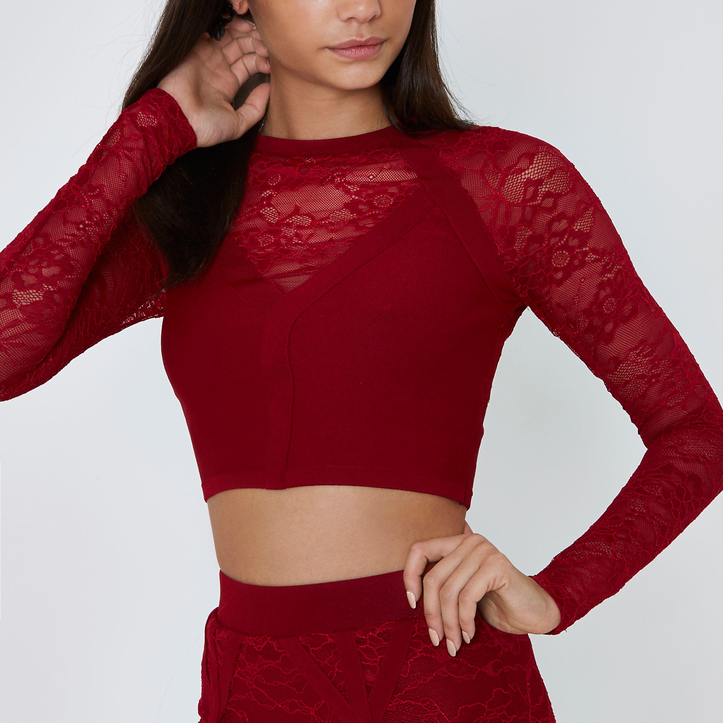 River Island Lace Long Sleeve Crop Top in Red - Lyst