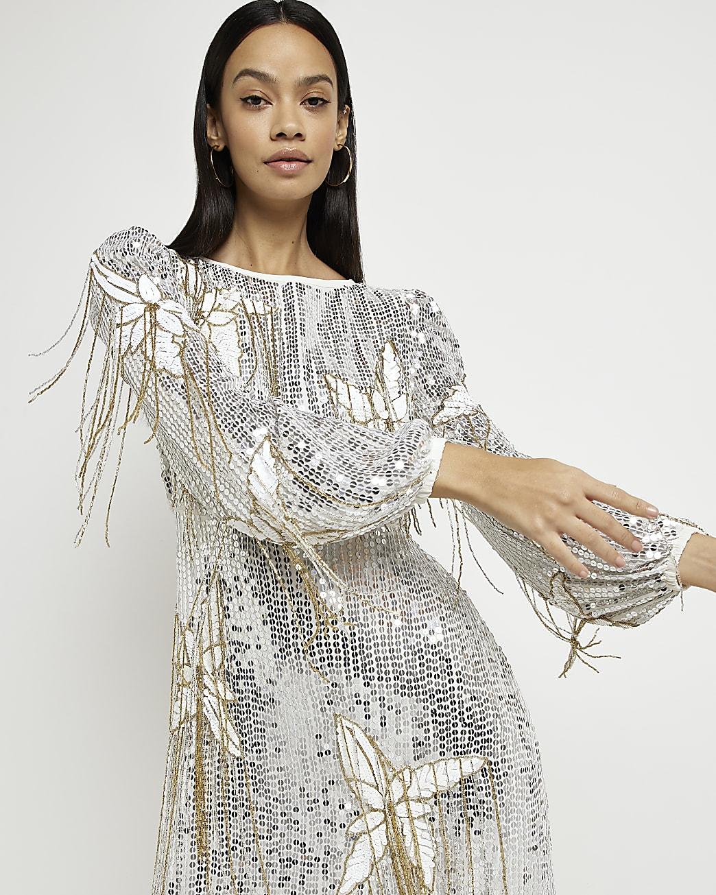 River Island Floral Sequin Long Sleeve Midi Dress in White | Lyst