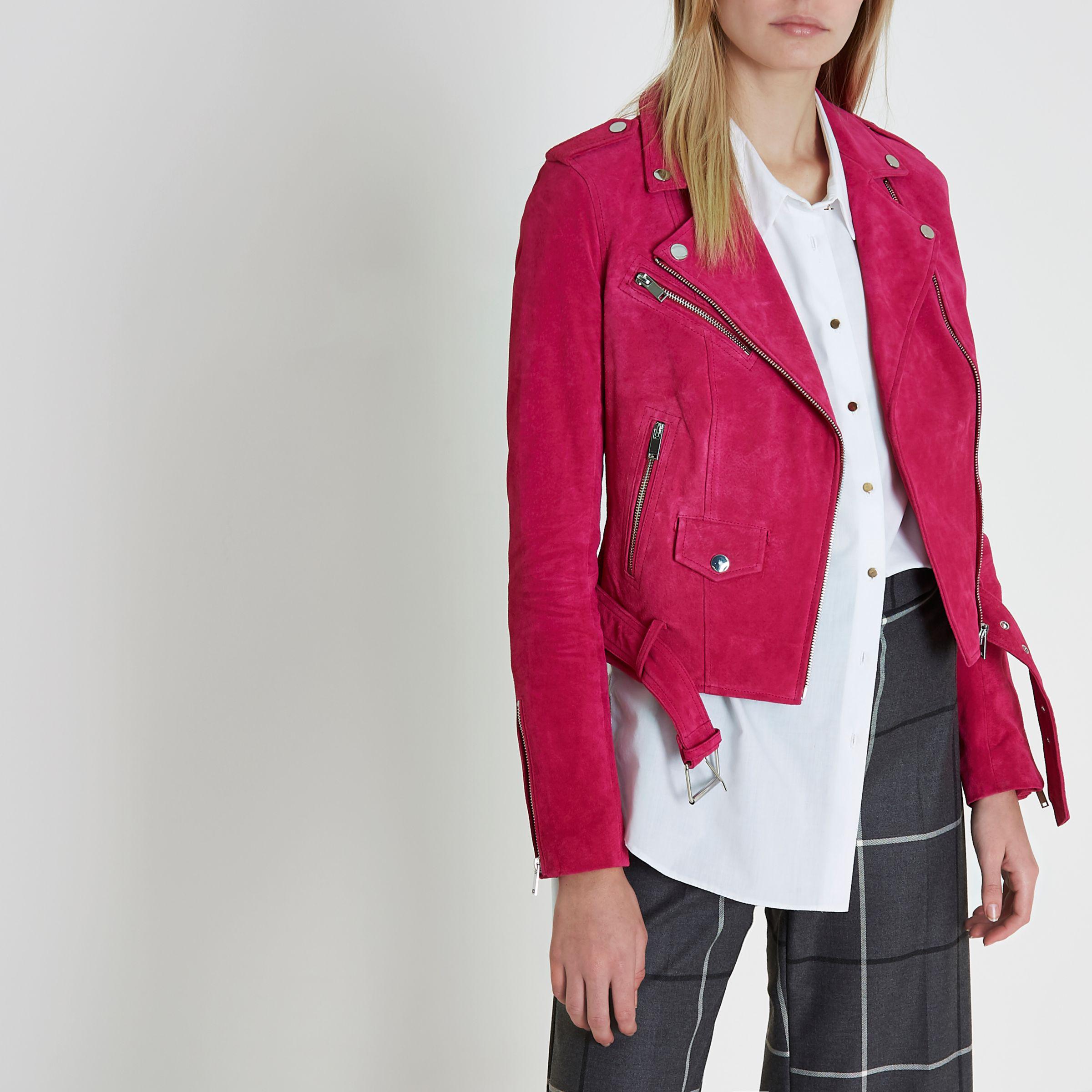 River Island Bright Suede Biker Jacket in Pink | Lyst