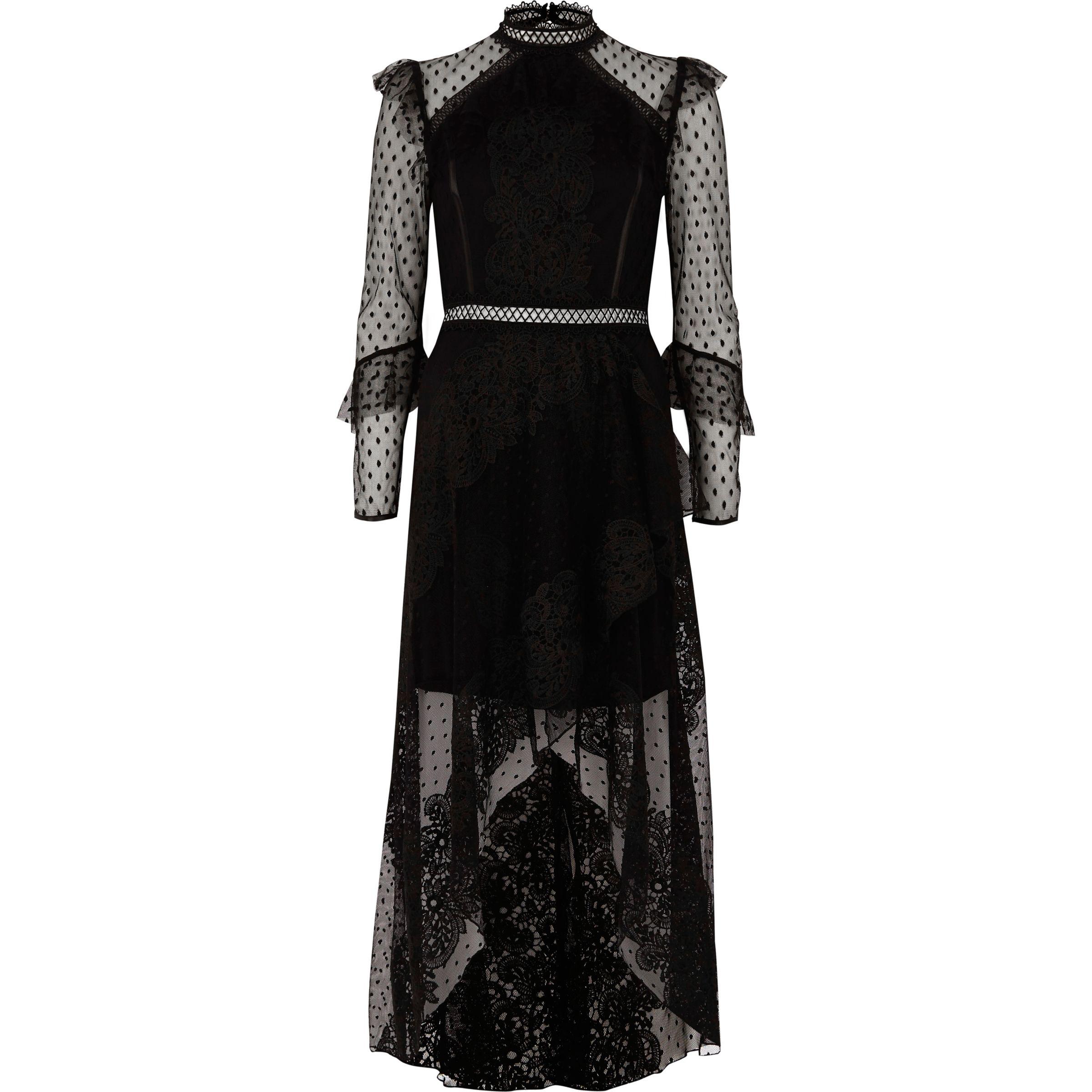 River Island Black Long Sleeve Lace Mesh Maxi Dress - Lyst