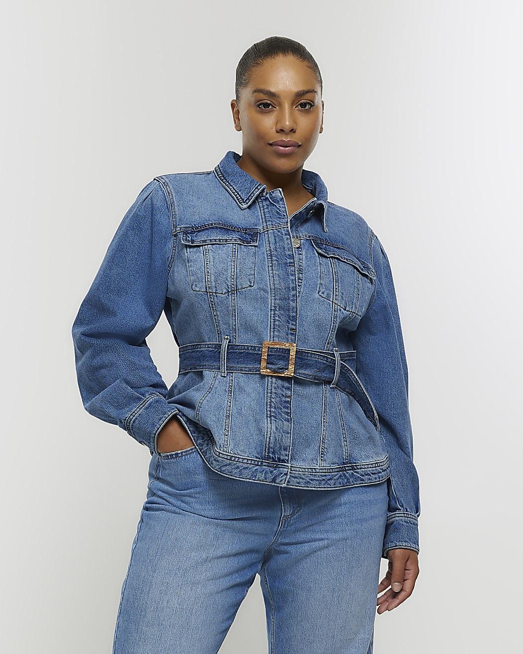 River Island Belted Denim Jacket in Blue | Lyst