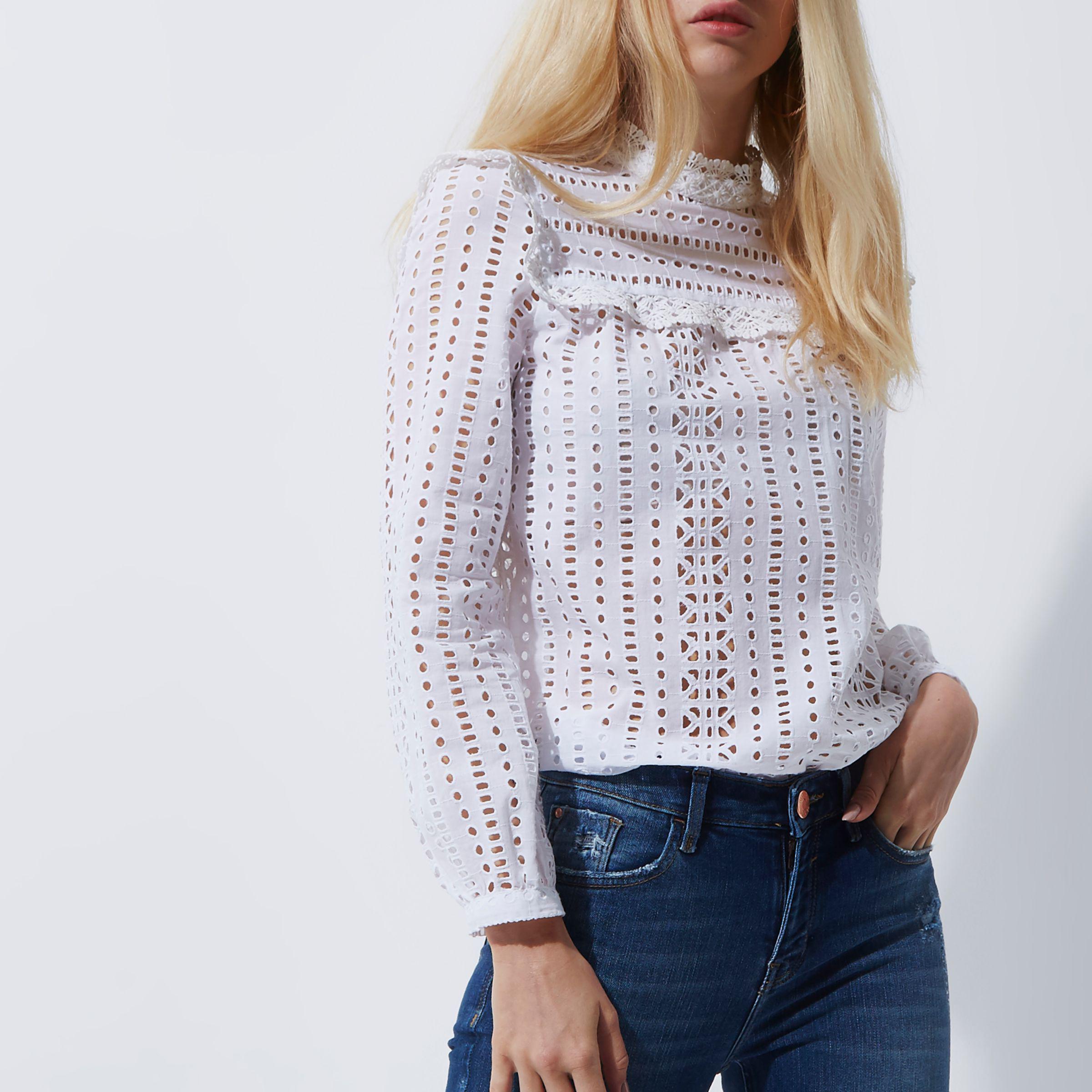 Cotton Broderie High Neck Long Sleeve 