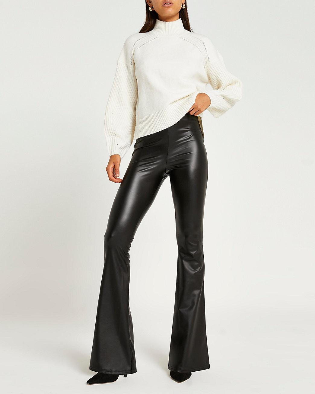 Black Matt Coated Flared Pants 