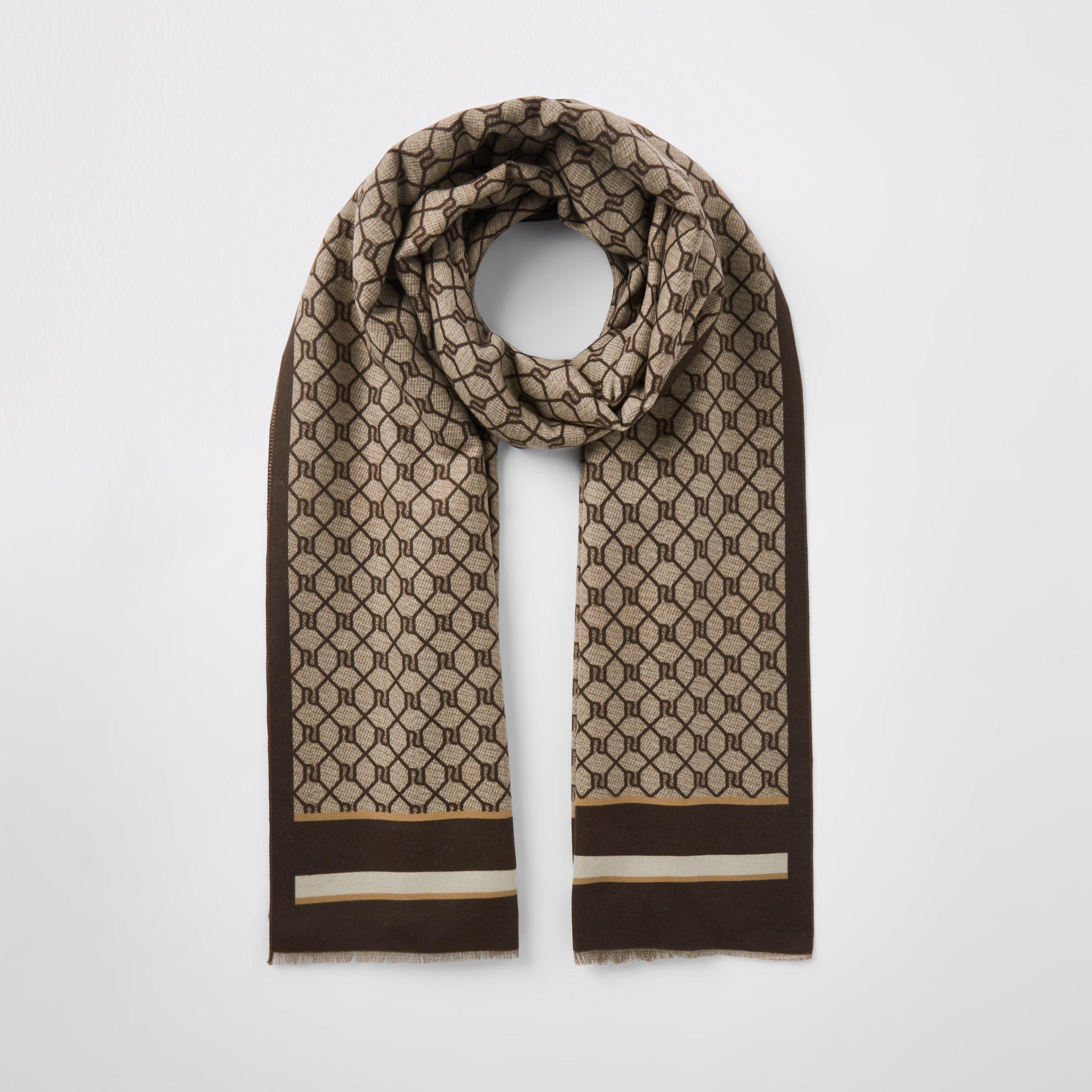 River Island Brown Ri Monogram Print Scarf | Lyst UK