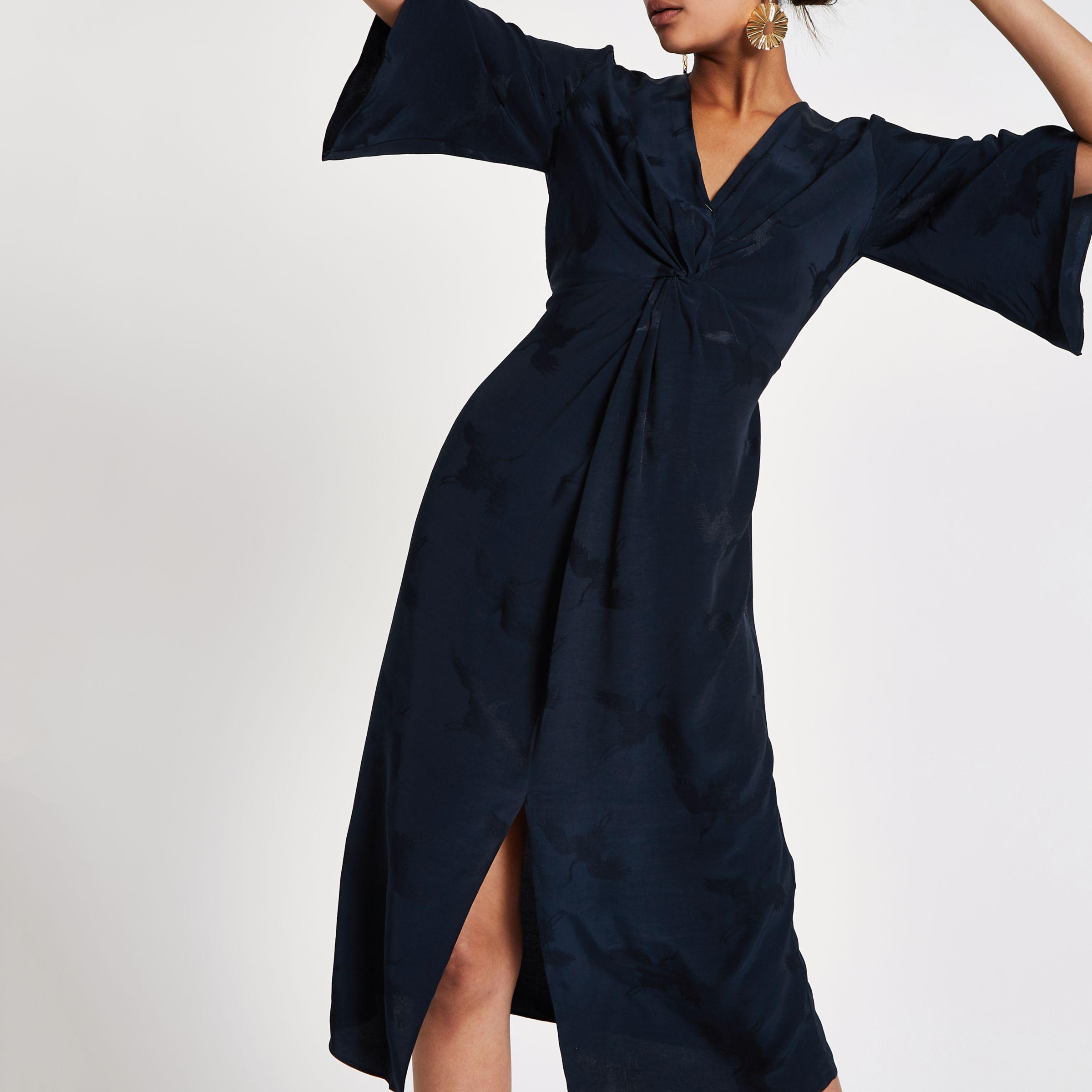 Synthetic Navy Twist Front Midi Dress 